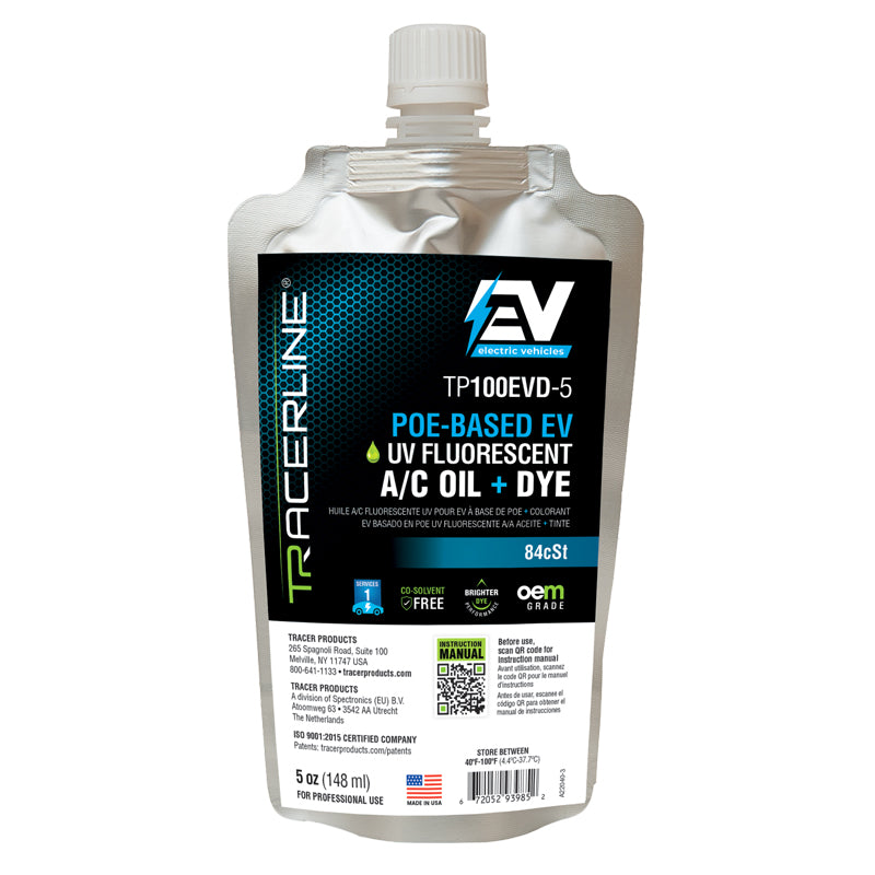 Tracerline TP100EVD-5 POE-Based EV UV Fluorescent A/C Oil + Dye 5 oz foil pouch front view