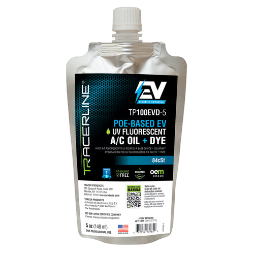 Tracerline TP100EVD-5 POE-Based EV UV Fluorescent A/C Oil + Dye 5 oz foil pouch front view