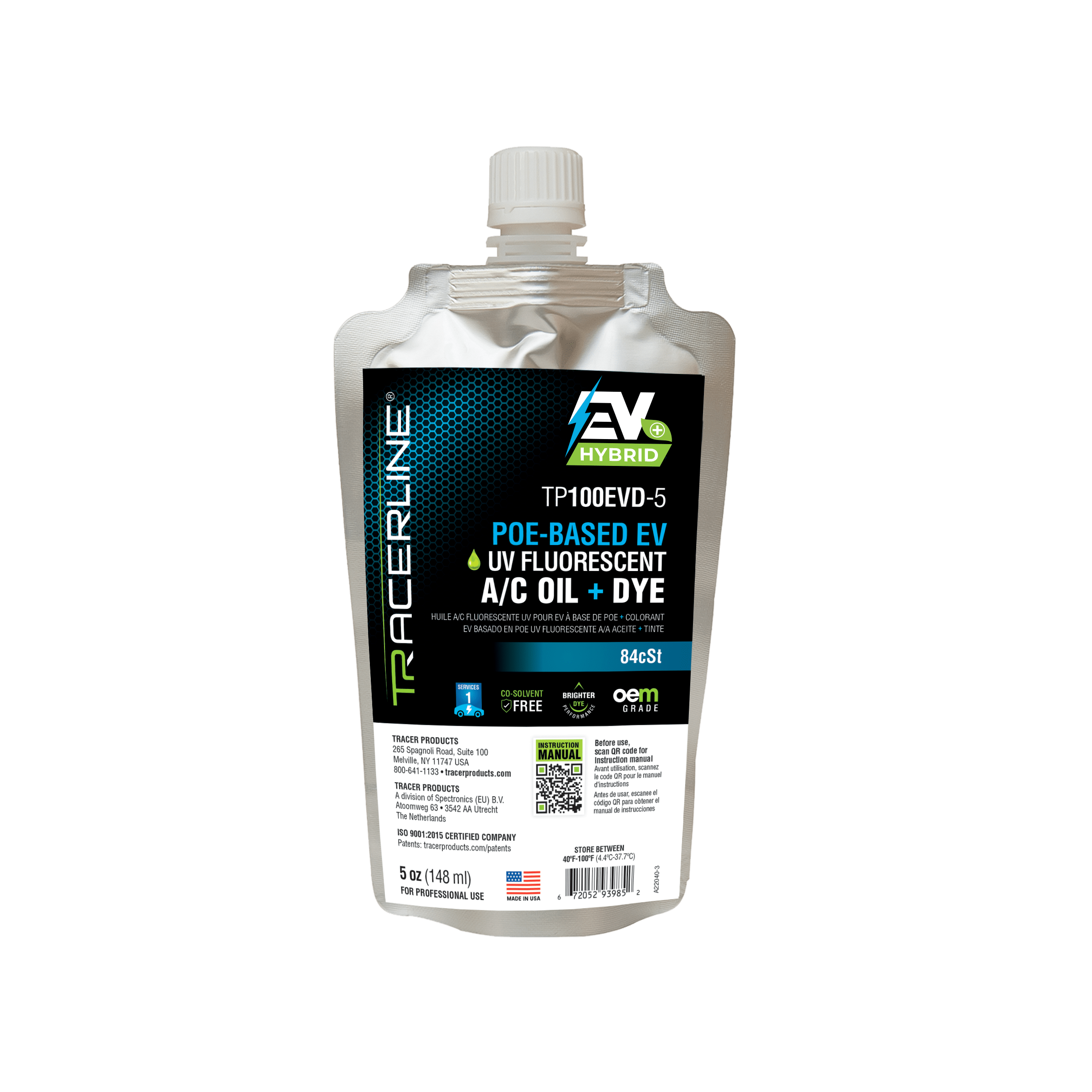 Tracerline TP100EVD-5 POE-Based EV/Hybrid UV Fluorescent A/C Oil + Dye 5 oz foil pouch