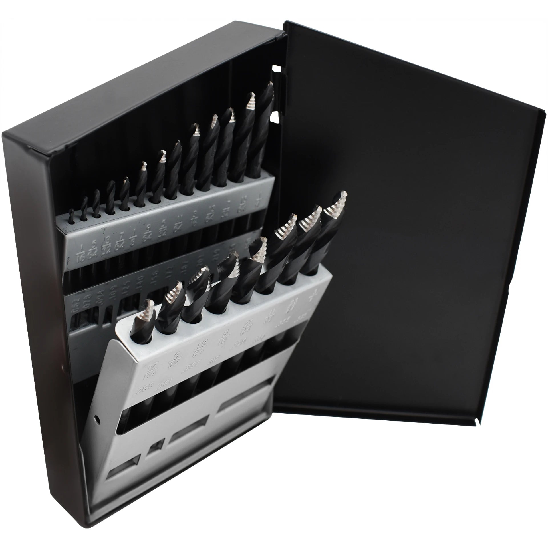 Astro Pneumatic TS21 ONYX 21pc TurboStep HSS Drill Bit Set open metal case with all 21 bits organized