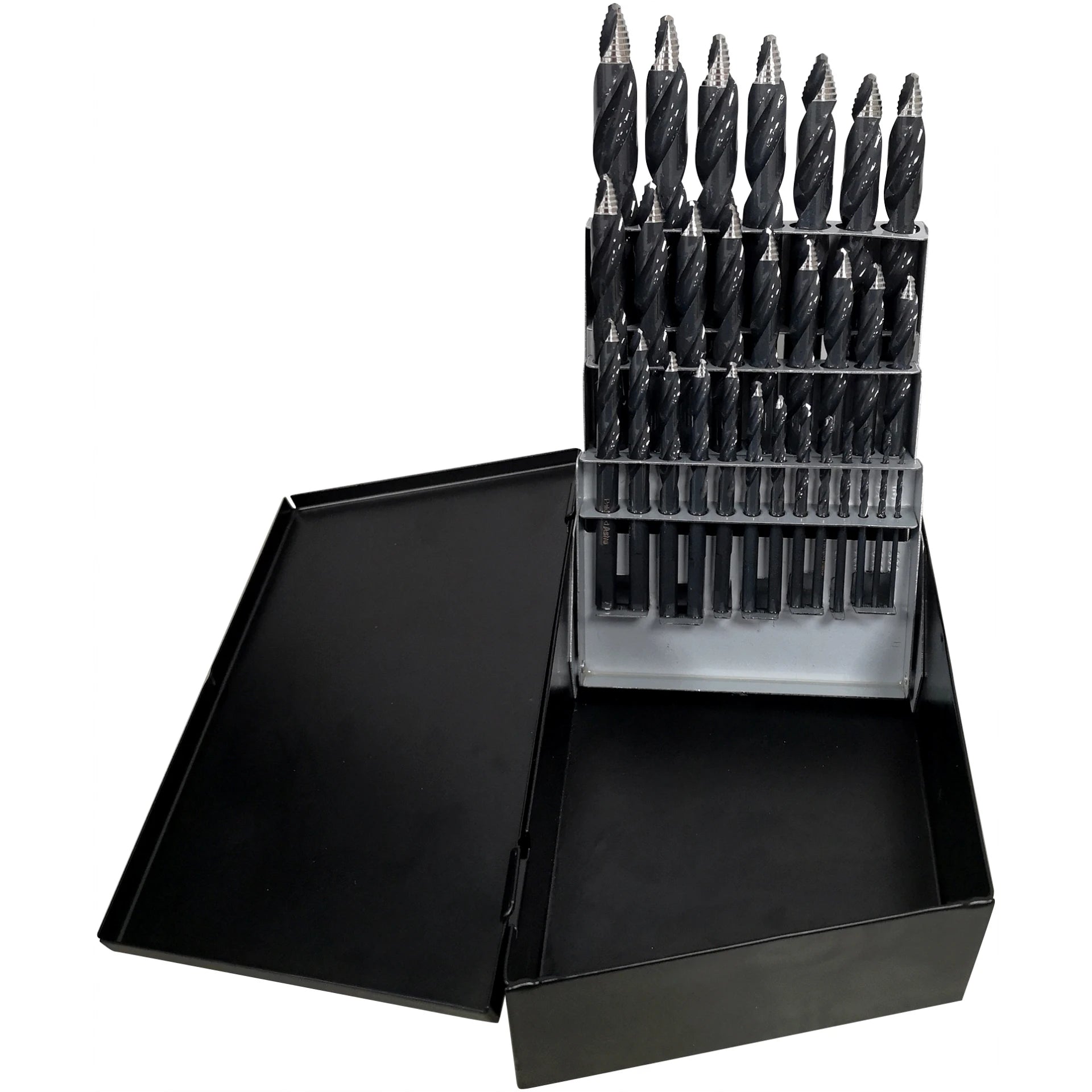 Astro Pneumatic TS29 ONYX 29pc TurboStep HSS drill bit set displayed in open metal storage case