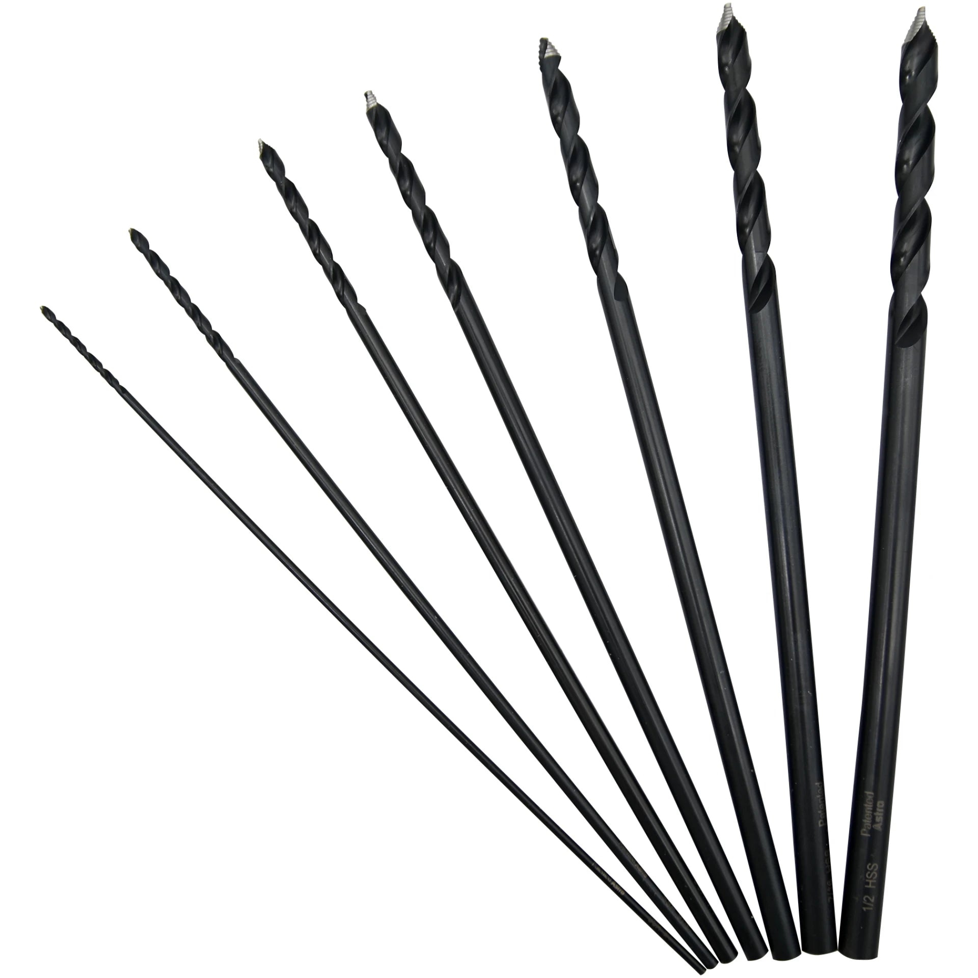 Astro Pneumatic AST-TS7 ONYX 7pc TurboStep Aircraft Length Drill Bit Set - fan arrangement on white background
