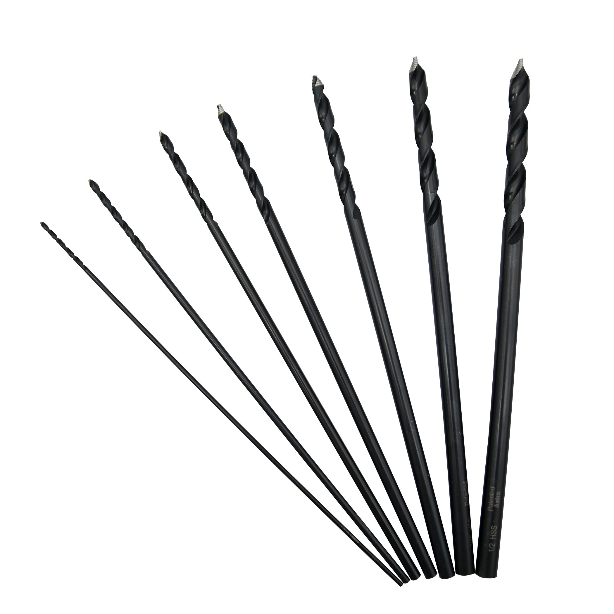 Astro Pneumatic AST-TS7 ONYX TurboStep Aircraft Length Drill Bit Set - fan spread showing 1/2 HSS markings