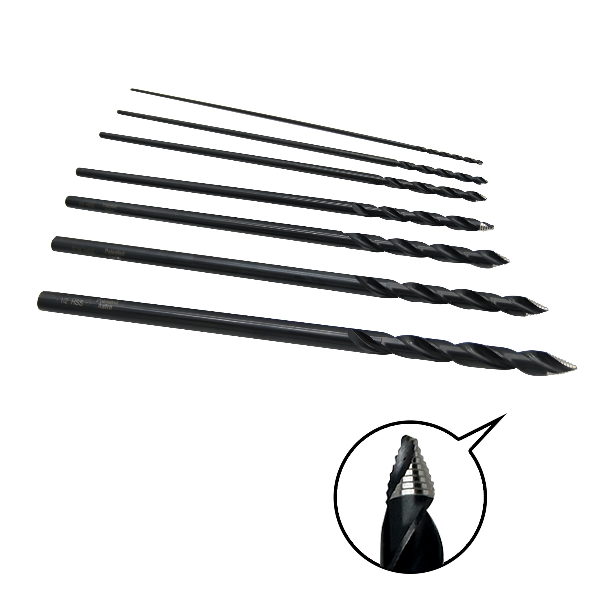 Astro Pneumatic AST-TS7 ONYX TurboStep drill bit set with close-up detail of patented stepped-tip design