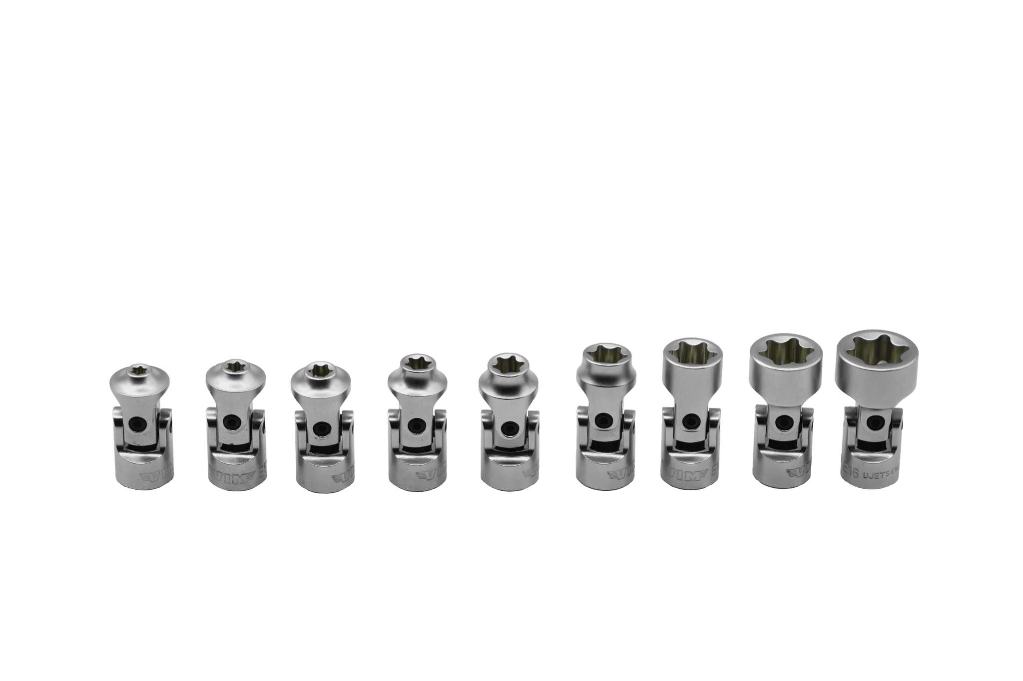 VIM Tools UJETS400 9pc Stubby Universal Joint E-Torx Sockets arranged by size, satin finish