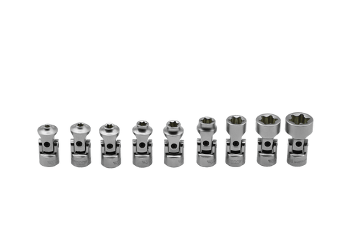 VIM Tools UJETS400 9pc Stubby Universal Joint E-Torx Sockets arranged by size, satin finish