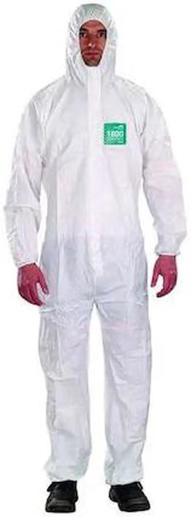 Ansell WH18-B-92-111-04 AlphaTec 1800 White Hooded Coverall Large - detailed front view with hood up