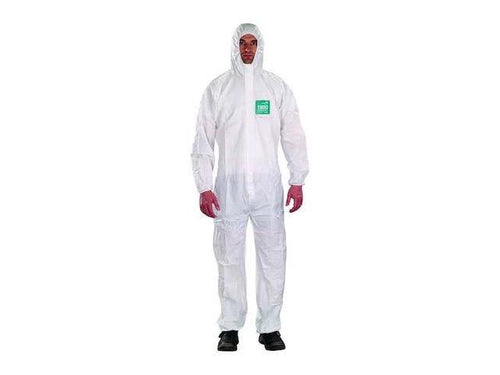Ansell WH18-B-92-111-04 AlphaTec 1800 White Hooded Coverall Large - full body front view worn by model