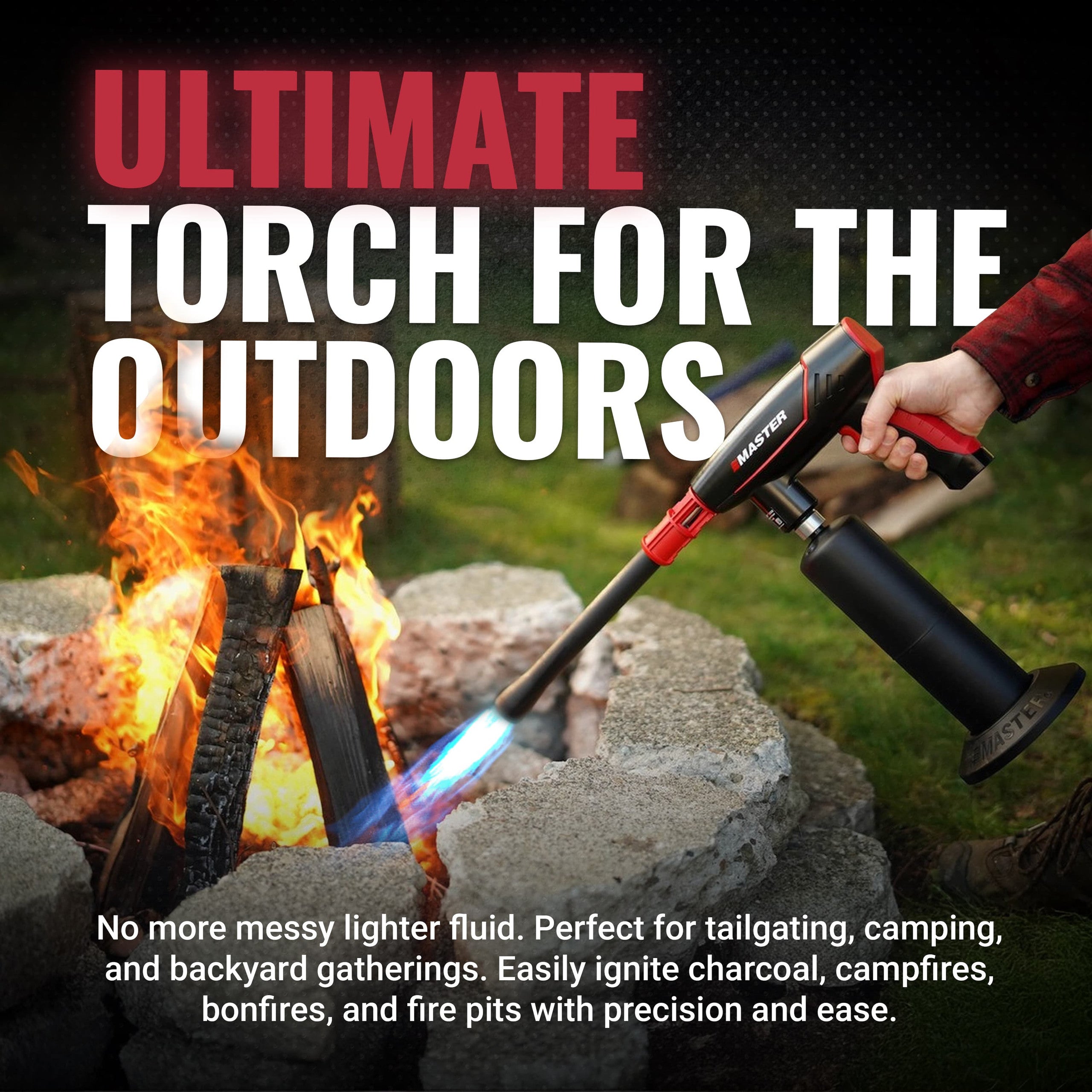 Master Appliance VMAX-550 propane torch lighting a campfire with lifestyle text calling it the Ultimate Torch for the Outdoors