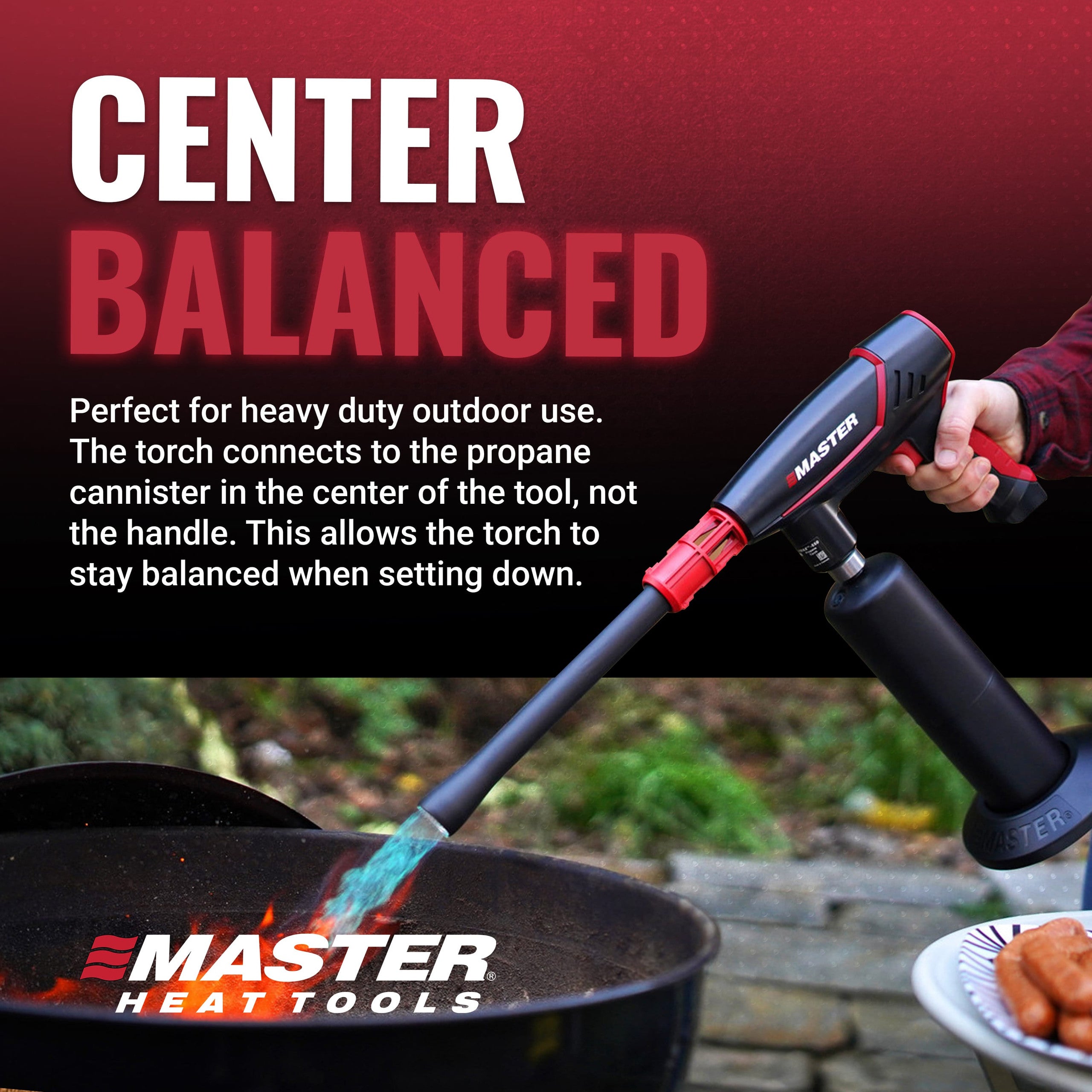 Master Appliance VMAX-550 center-balanced propane torch being used to ignite a fire pit, featuring callout about center-mount propane canister connection design