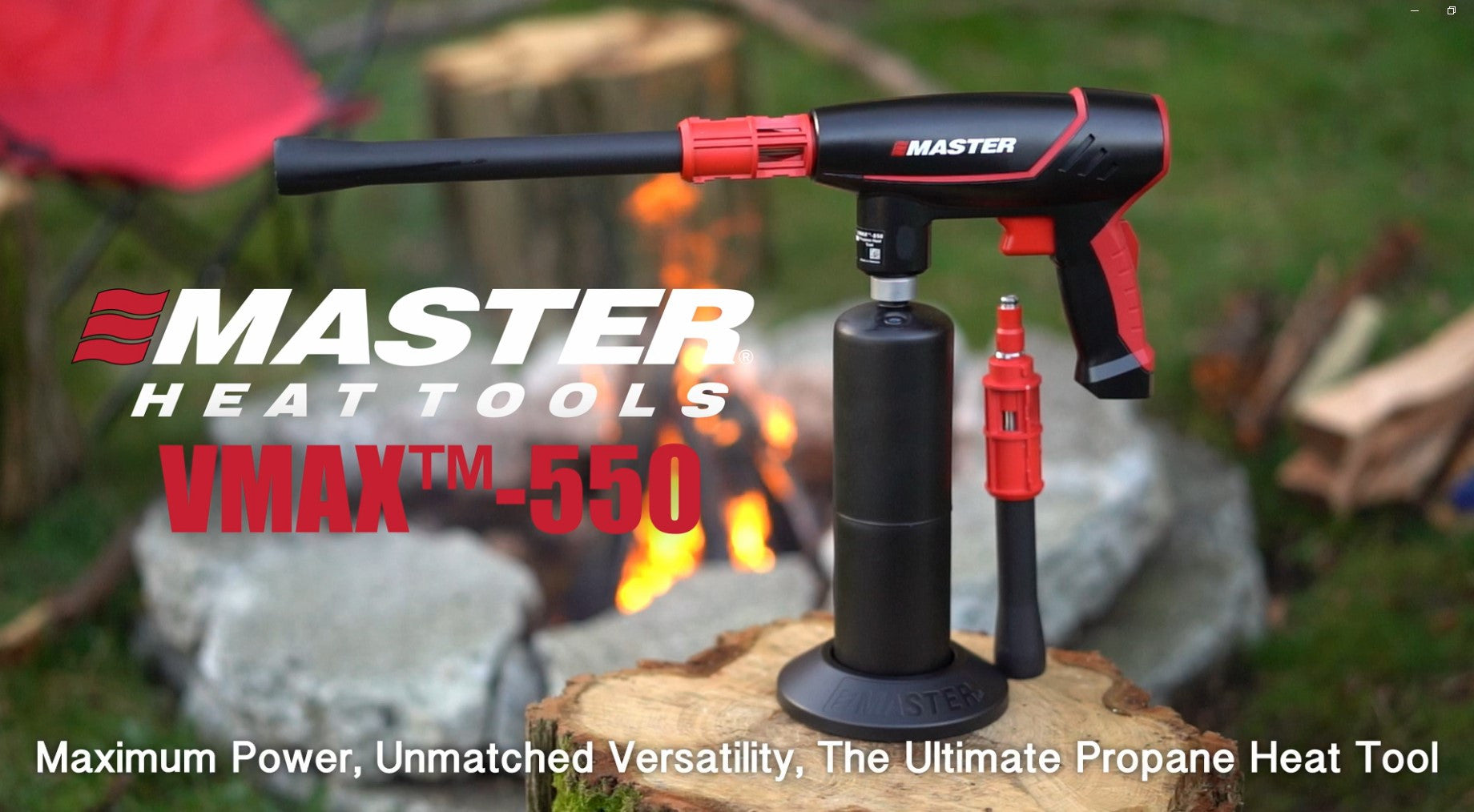 Master Appliance VMAX-550 product overview lifestyle video thumbnail with brand logo at an outdoor campfire setting