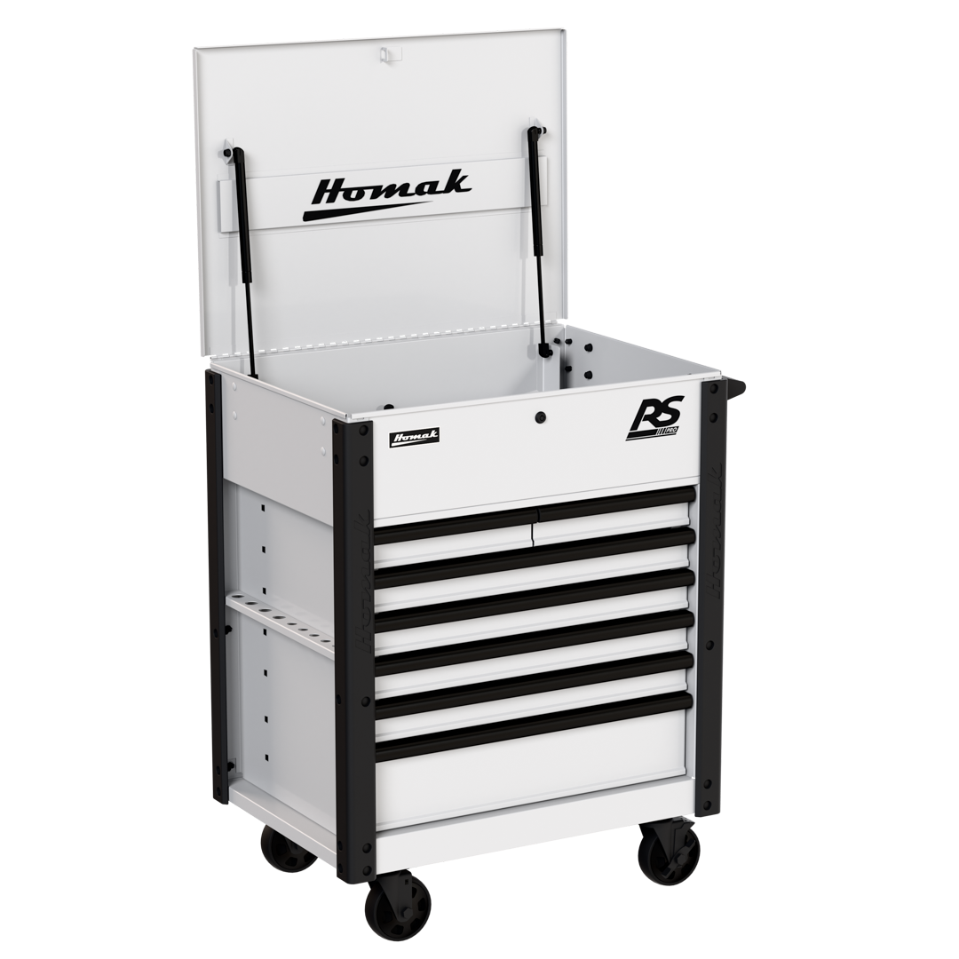 Homak RS Pro 7-Drawer Service Cart in Polar White, open lid 30-degree view showing drawer pulls and casters