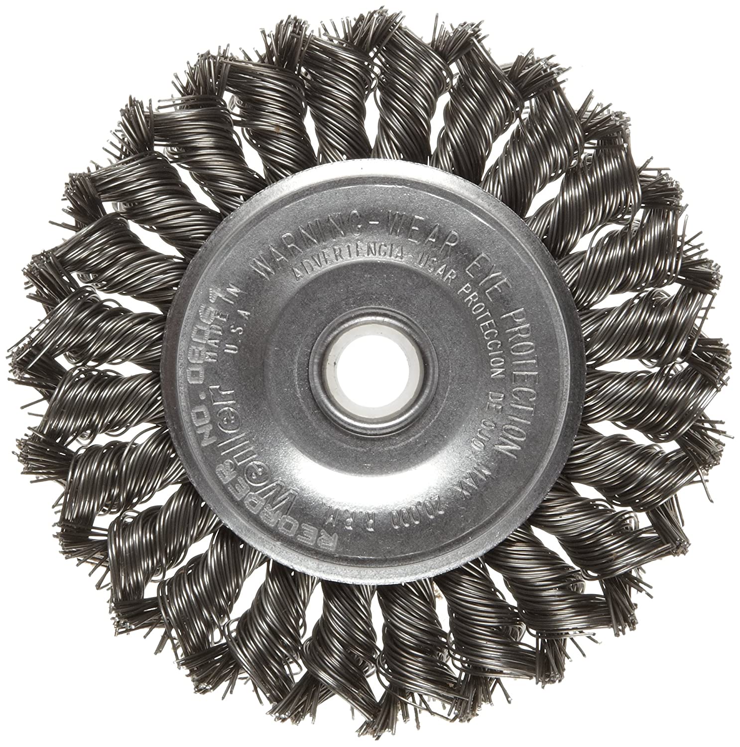 Weiler 08064 Dualife 1/2"-3/8" Arbor. 0.020" Wire Size. 4" Diameter. 1/2" Face Width. Steel Bristles Standard Twist Knot Wire Wheel Brush - MPR Tools & Equipment