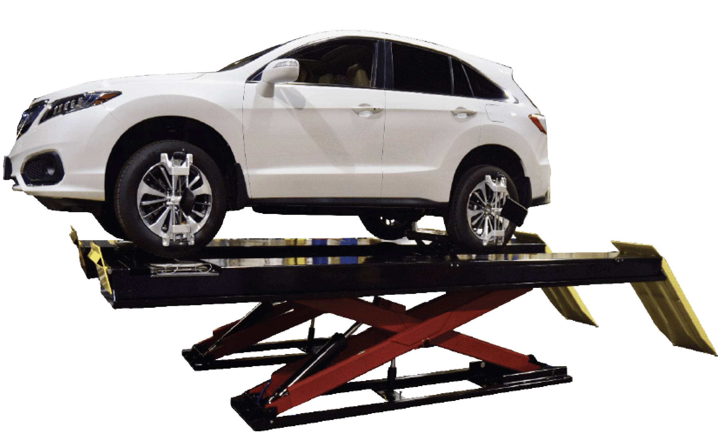 White SUV elevated on Coats 14K scissor alignment lift with red scissor mechanism