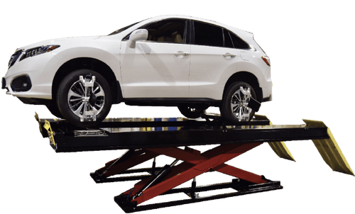 White SUV elevated on Coats 14K scissor alignment lift with red scissor mechanism