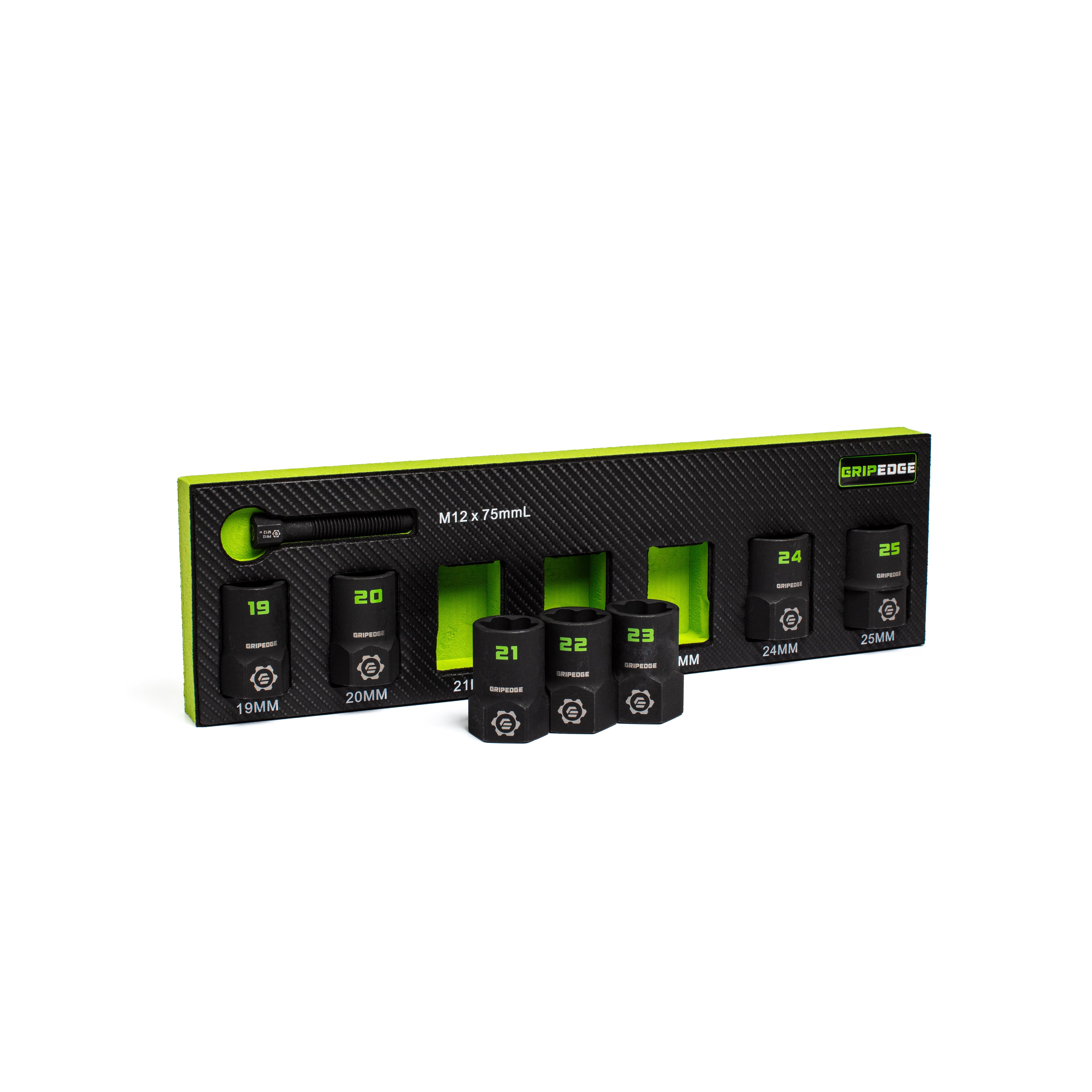 GripEdge XCM7S 7-Pc 1/2 In Drive Metric RPT Socket Extractor Set with sockets displayed in front of tray