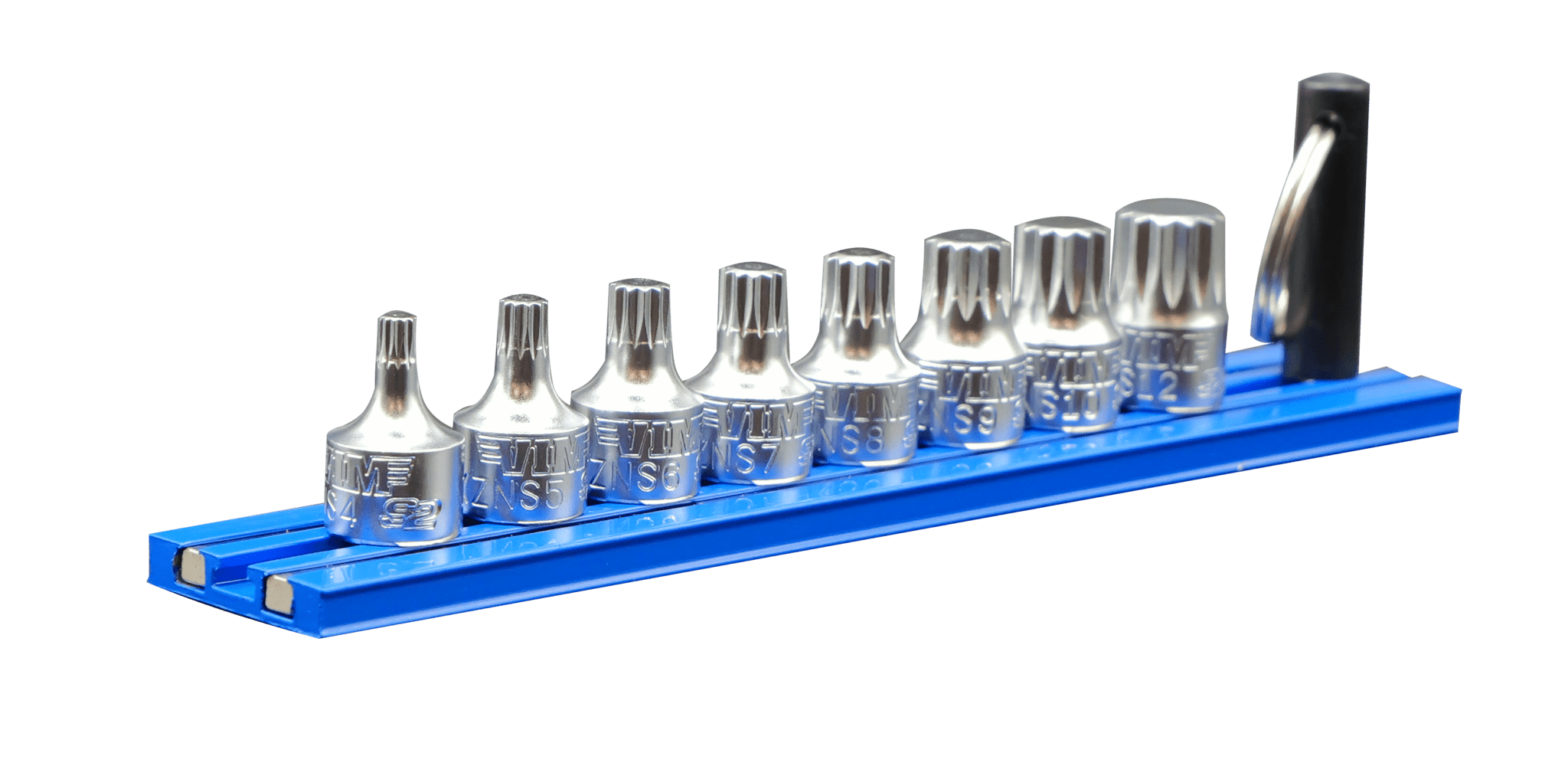 VIM Tools XZNS412 8pc XZN Stubby Driver Set on blue Magrail, angled side view