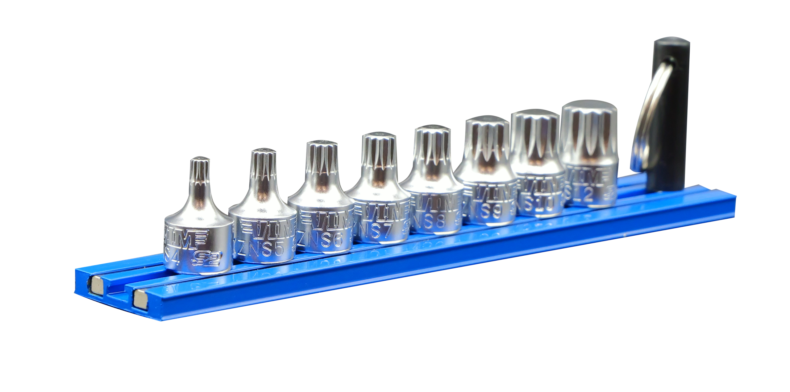 VIM Tools XZNS412 8pc XZN Stubby Driver Set on blue Magrail, side view showing all 8 drivers
