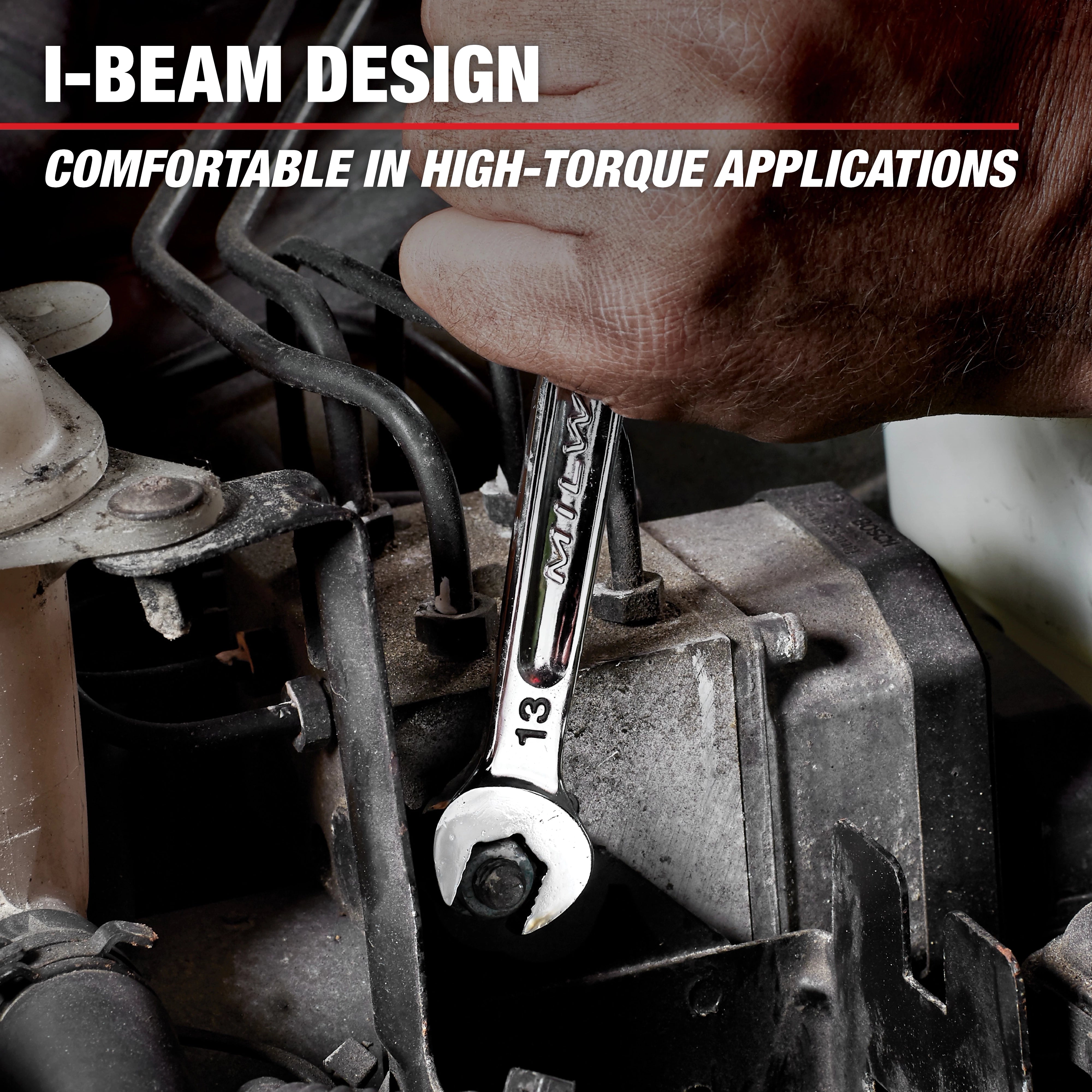 Milwaukee Tool I-Beam Design Combination Wrench in use on engine - comfortable in high-torque applications