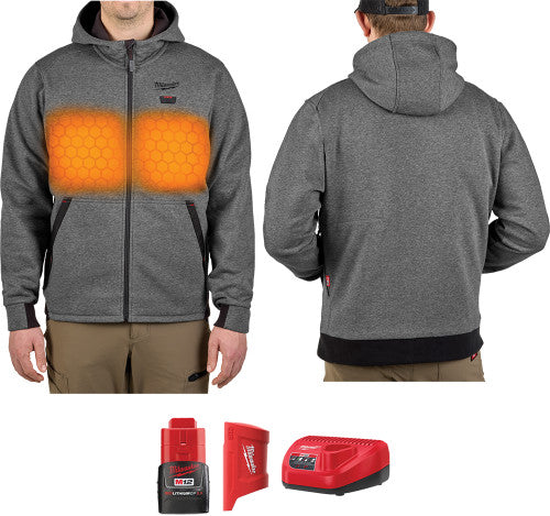 Milwaukee Tool M200G-21M M12™ Heated Hoodie with Hexon Heat Technology™ Kit, Includes (1) Battery Holder, (1) CP2.0 Battery, (1) Charger, in Gray (Medium) - MPR Tools & Equipment