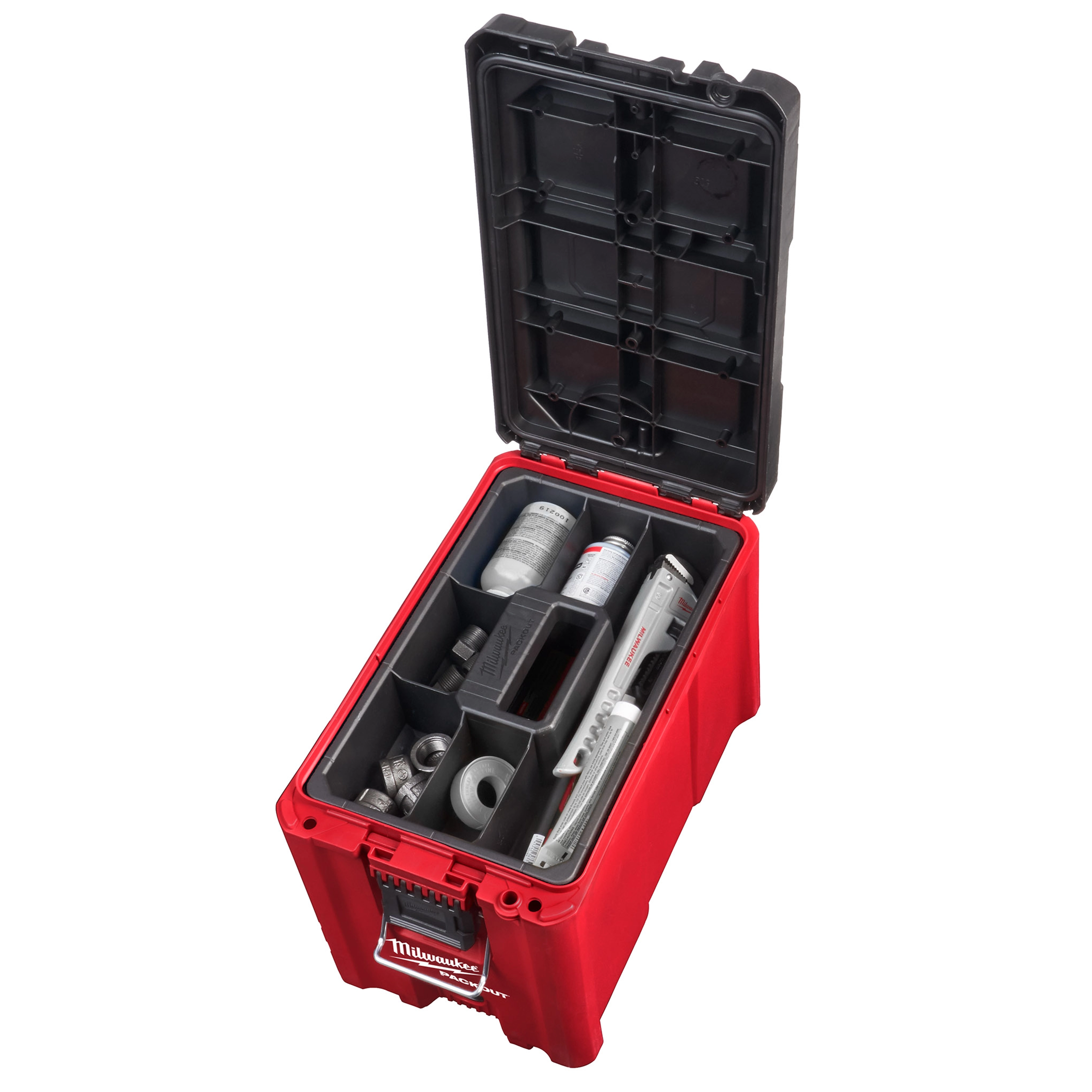 Milwaukee PACKOUT Compact Tool Box open view showing interior storage tray with organized tools and quick-adjust dividers