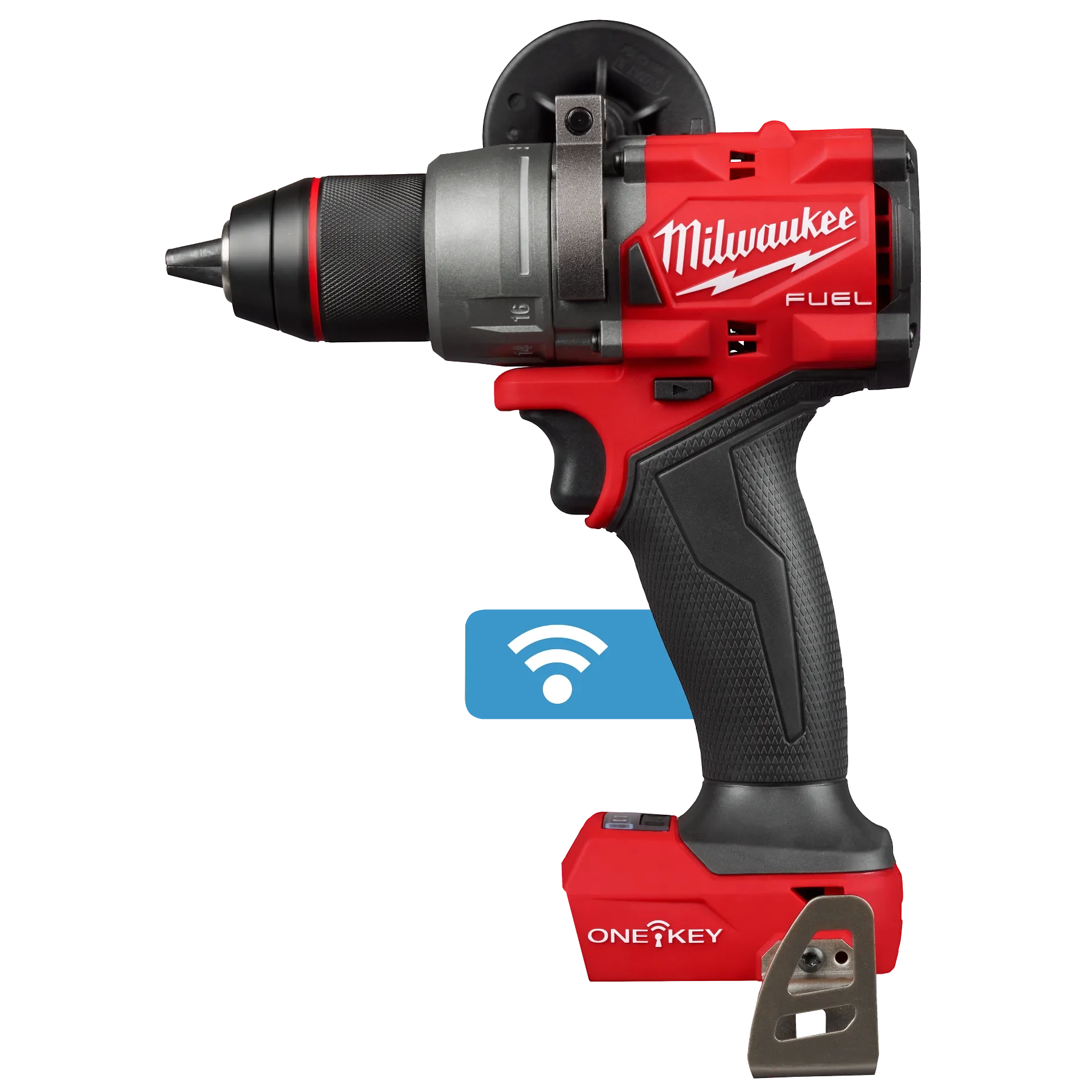 Milwaukee Tool 2905-20 M18 FUEL 1/2 in Drill/Driver with ONE-KEY - side profile view with belt clip
