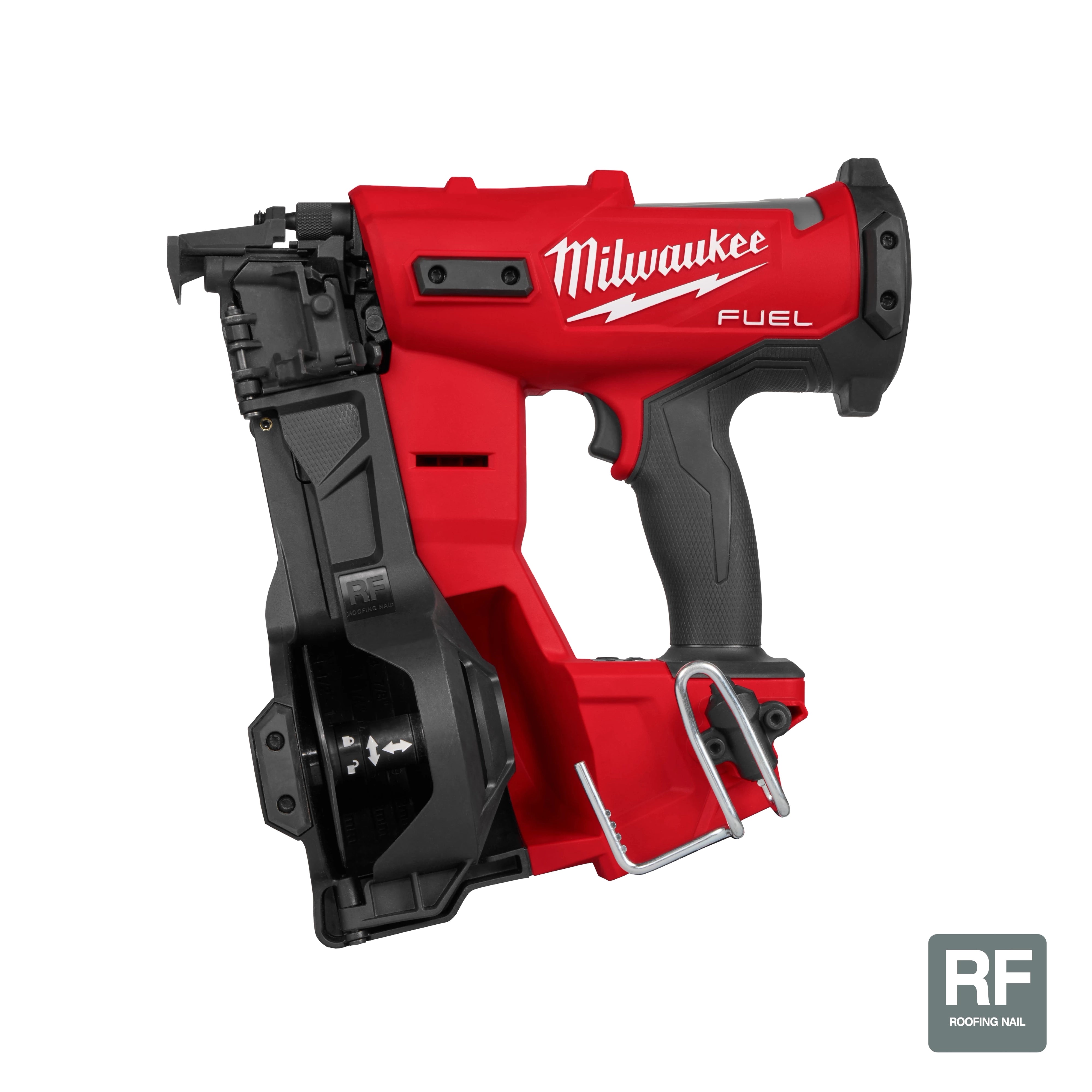 Milwaukee Tool 2909-20 M18 FUEL Coil Roofing Nailer, red and black, side angle view