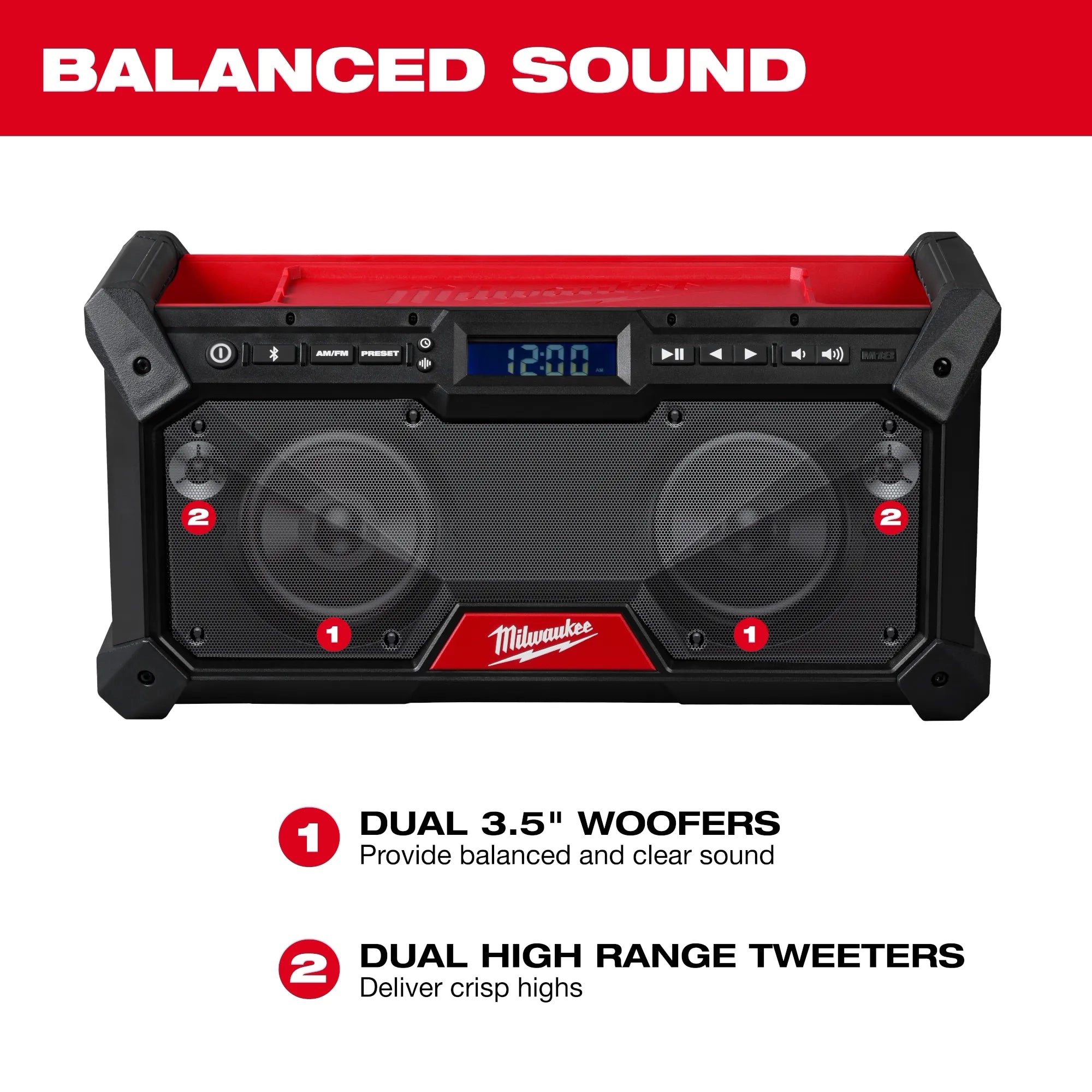 Milwaukee Tool 2952-20 M18 Bluetooth Jobsite Radio - dual 3.5-inch woofers and dual high range tweeters balanced sound diagram