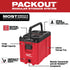 Milwaukee PACKOUT Compact Tool Box labeled diagram showing 75 lb weight capacity, IP65 rated protection, quick-adjust dividers, interior storage tray, and modular connectivity