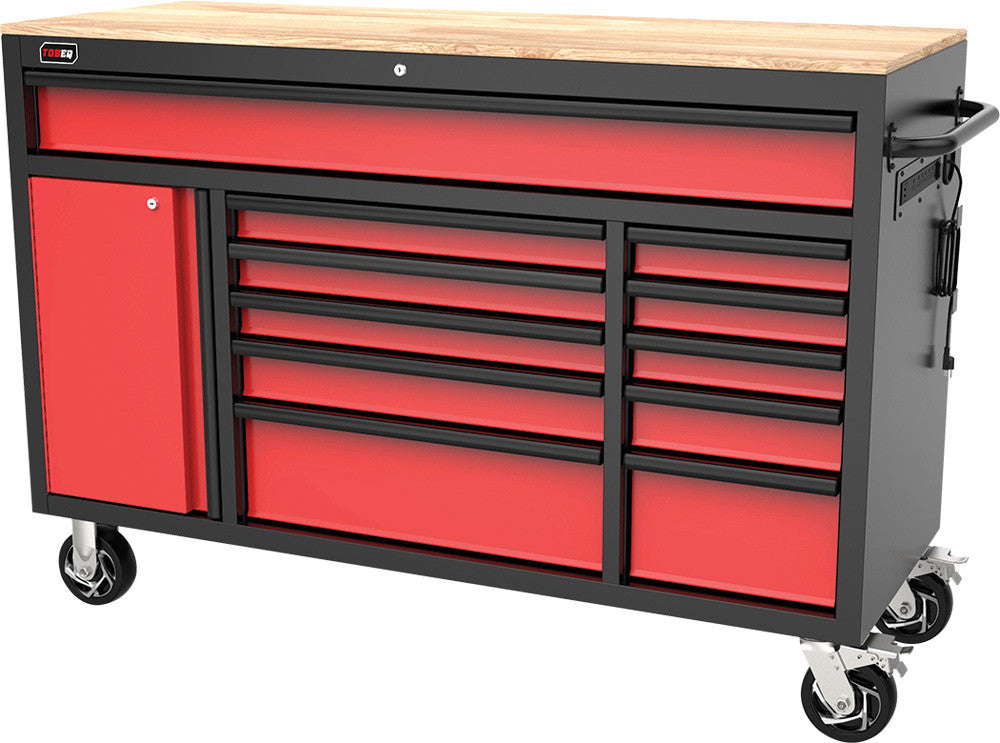 TOBEQ RCBT611123RDBK 61" 11-Drawer Roller Cabinet in Red/Black with wood top work surface and casters