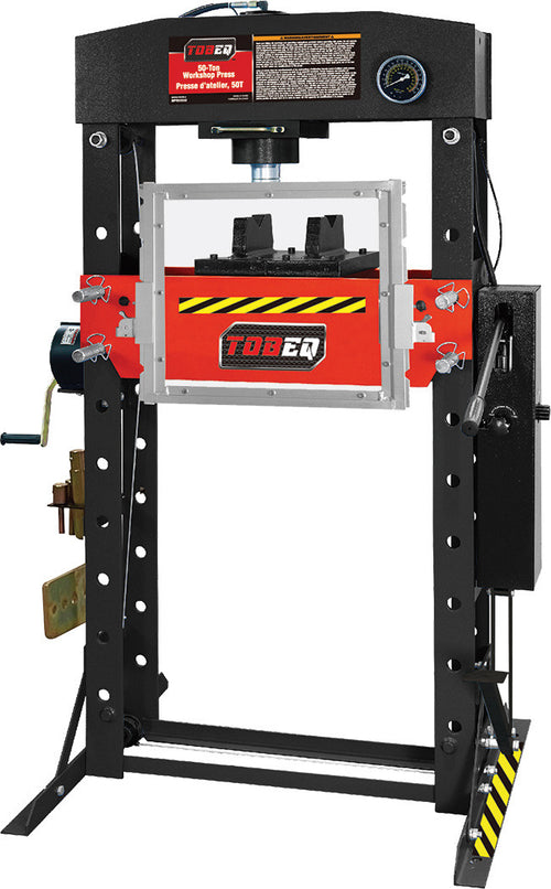 TOBEQ SP50000 50-Ton Hydraulic Shop Press with Protection Guard, red and black frame, clear safety guard panel, pressure gauge, and foot pedal