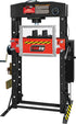 TOBEQ SP50000 50-Ton Hydraulic Shop Press with Protection Guard, red and black frame, clear safety guard panel, pressure gauge, and foot pedal