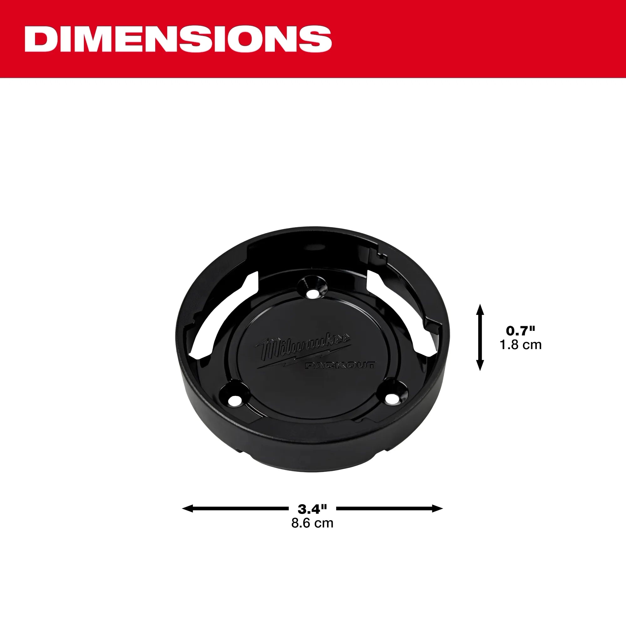 Milwaukee PACKOUT Twist to Lock Mount dimensions diagram showing 3.4 inch width and 0.7 inch height