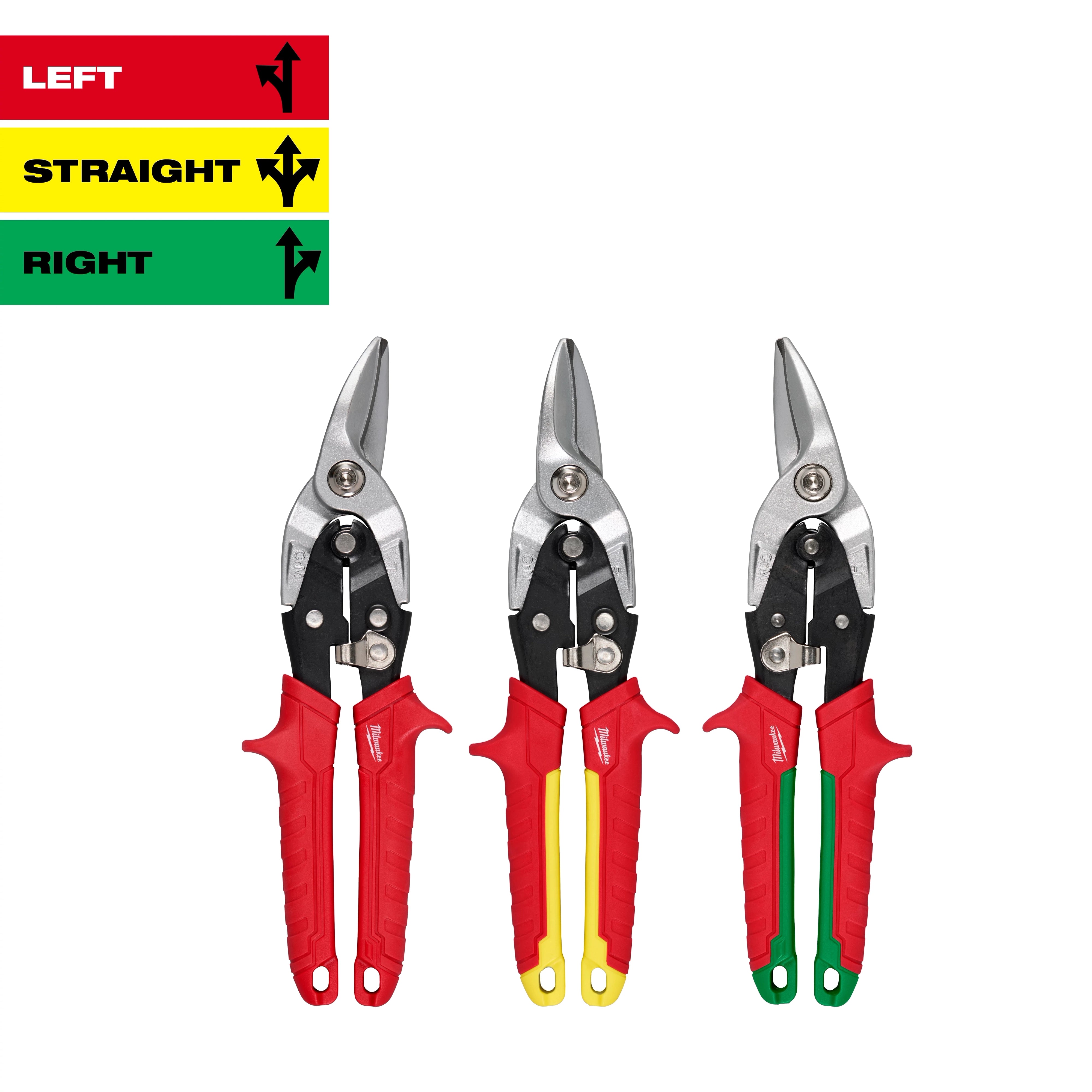 Milwaukee Tool 48-22-4563 3PC Aviation Snip Set - Left, Straight, and Right Cutting Snips with color-coded handles