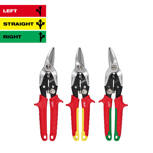 Milwaukee Tool 48-22-4563 3PC Aviation Snip Set - Left, Straight, and Right Cutting Snips with color-coded handles