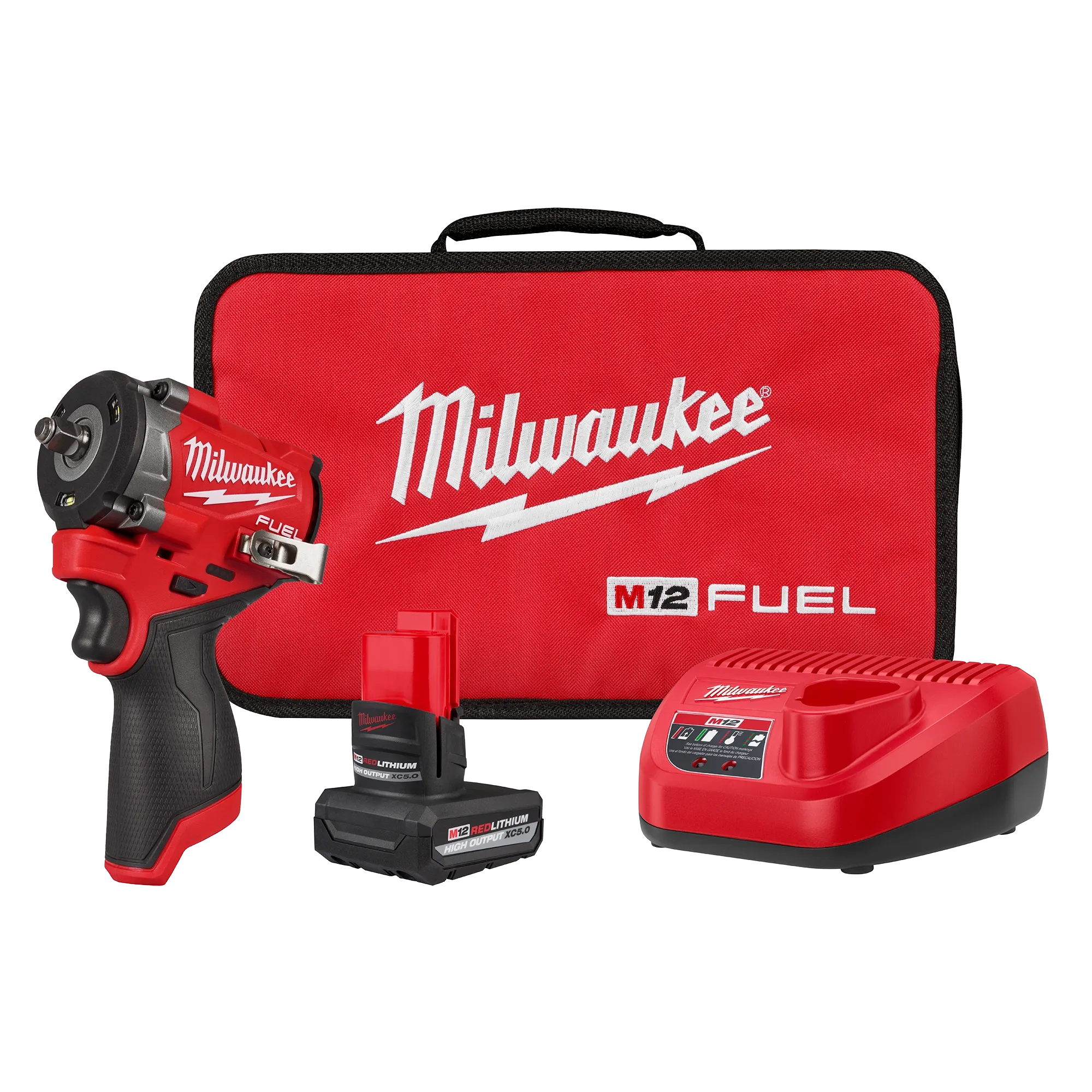 Milwaukee Tool 2562-21 M12 FUEL Stubby 3/8 in Impact Wrench Kit with XC5.0 battery, charger, and contractor bag