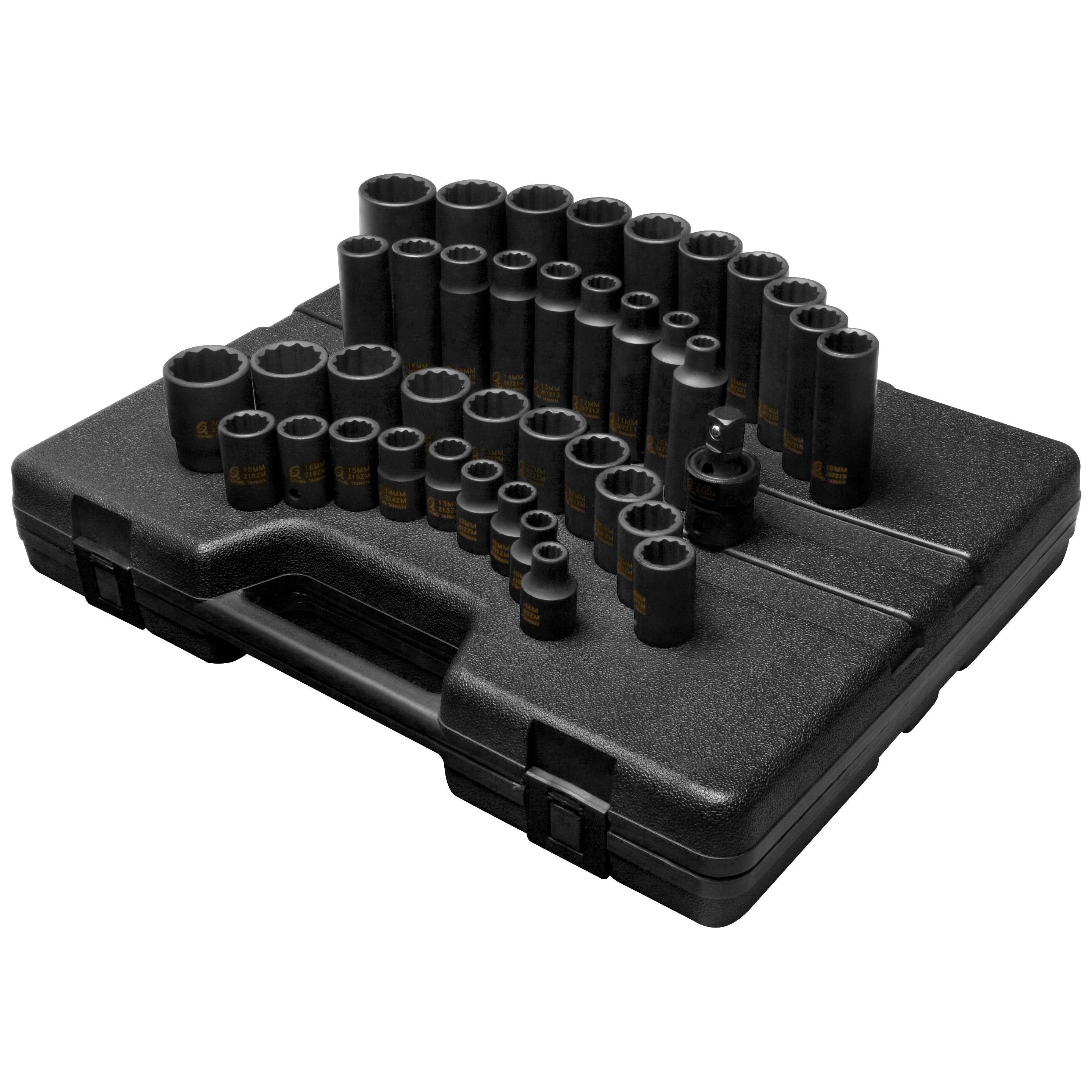 Sunex Tools 2699 39-Piece 1/2 Inch Drive Metric 12-Point Master Impact Socket Set displayed on black blow molded storage case