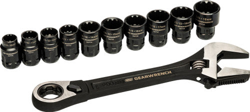GearWrench GWPTAW8 11-PC 3/8" Drive Pass-Thru™ Adjustable Wrench & Universal Design Socket Set, 3/8"-3/4" (10MM-19MM) - MPR Tools & Equipment