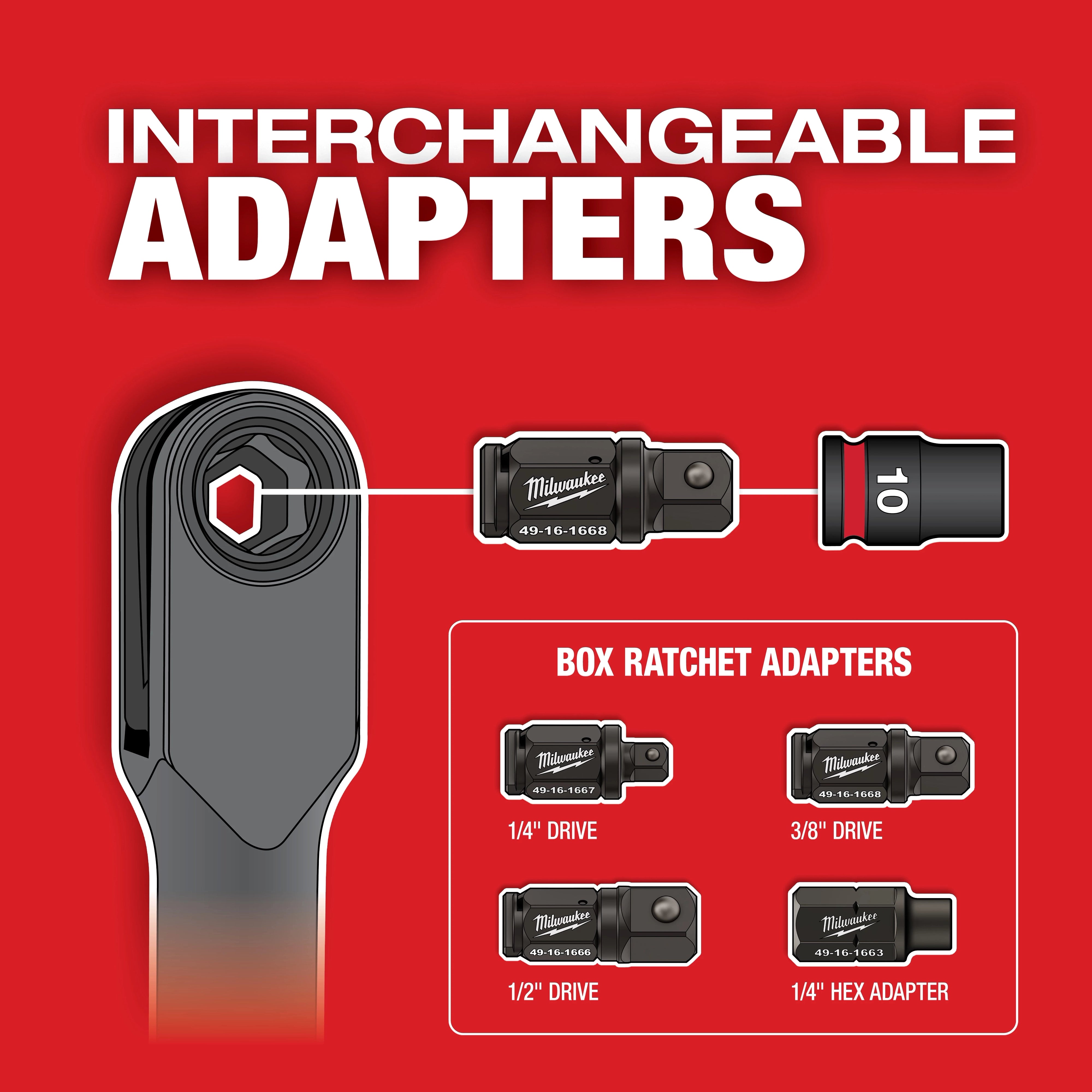 Milwaukee Tool INSIDER Box Ratchet interchangeable adapters diagram showing 1/4 in, 3/8 in, 1/2 in Drive and 1/4 in Hex options