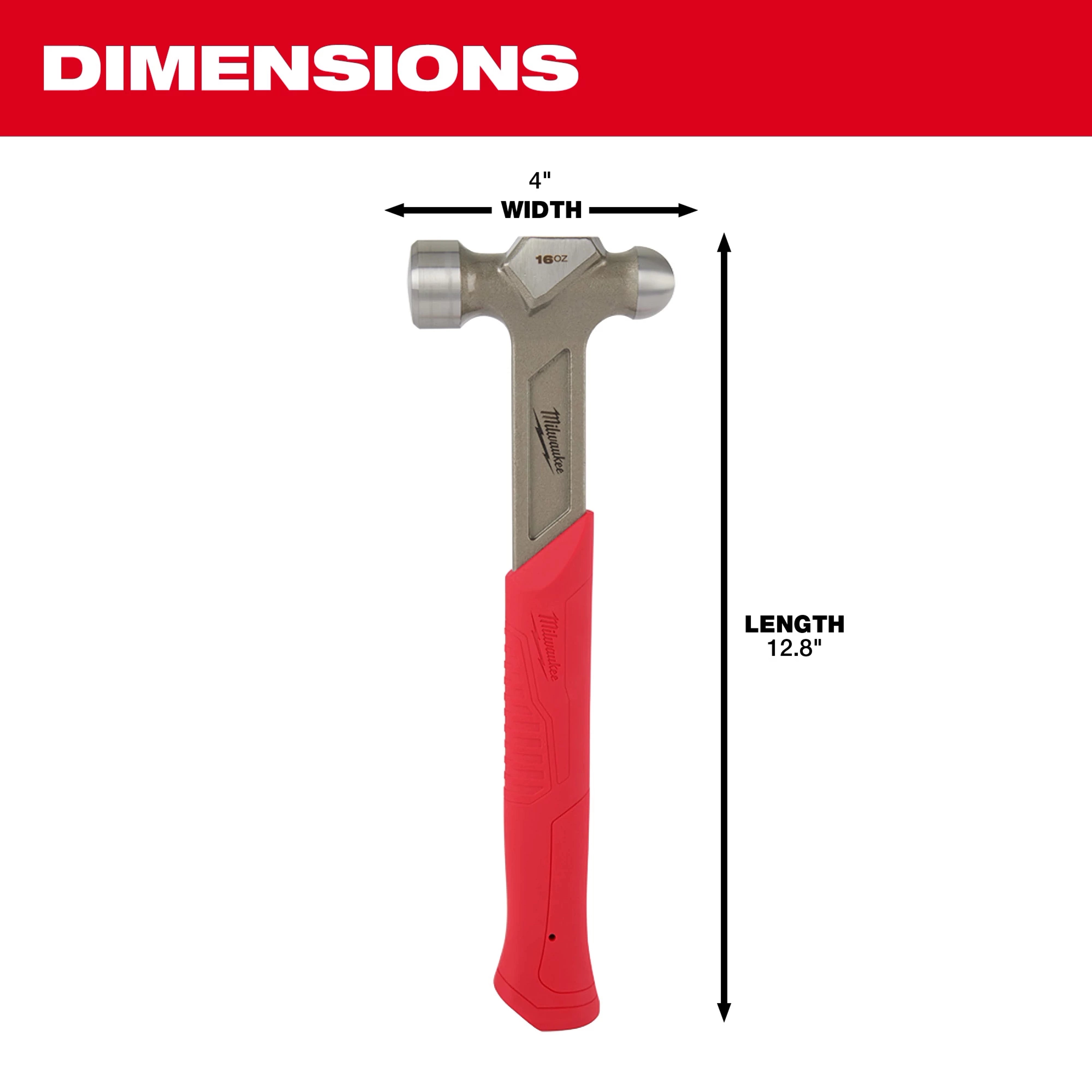 Milwaukee Tool 48-22-9130 16oz Steel Ball Peen Hammer dimensions diagram showing 4 inch width and 12.8 inch length