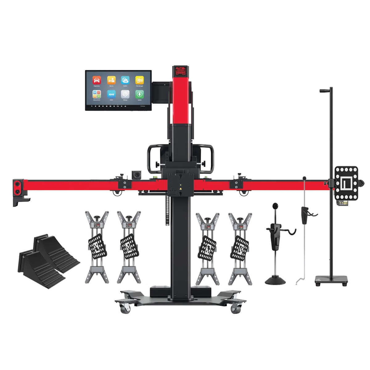 Autel IA900AS frame with four wheel clamps, camera targets, steering wheel lock, wheel chocks, and accessory stand