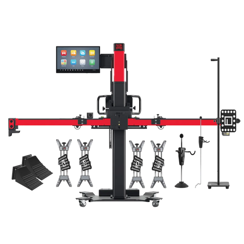 Autel IA900AST ADAS calibration frame with 24-inch touchscreen, four wheel clamps, wheel chocks, and calibration target stand