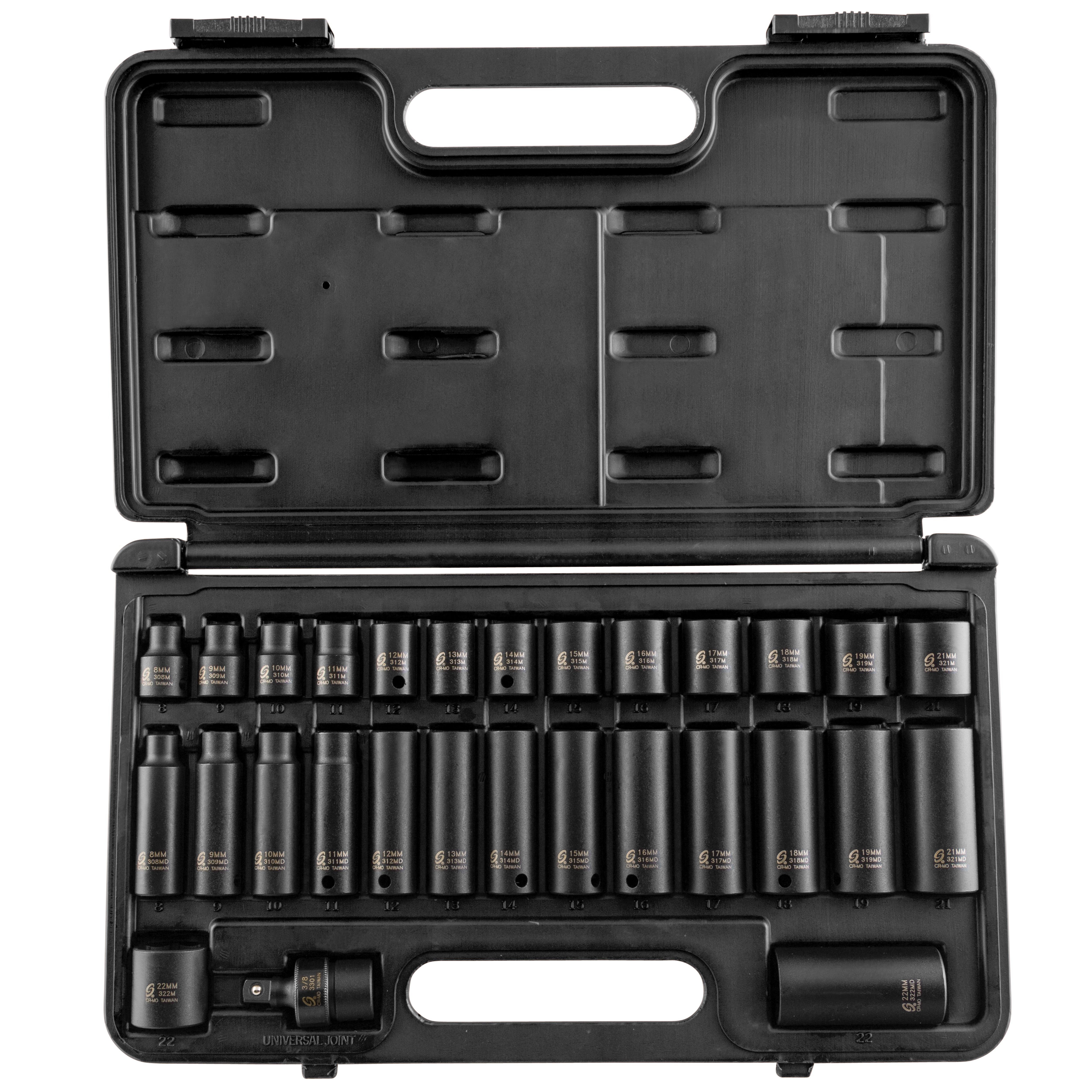 Sunex Tools 3329 29-piece metric impact socket set in open black hard case showing standard and deep sockets 8-22mm plus universal joint