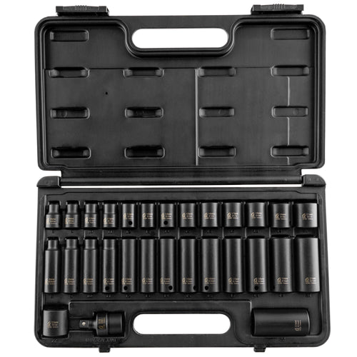 Sunex Tools 3329 29-piece metric impact socket set in open black hard case showing standard and deep sockets 8-22mm plus universal joint