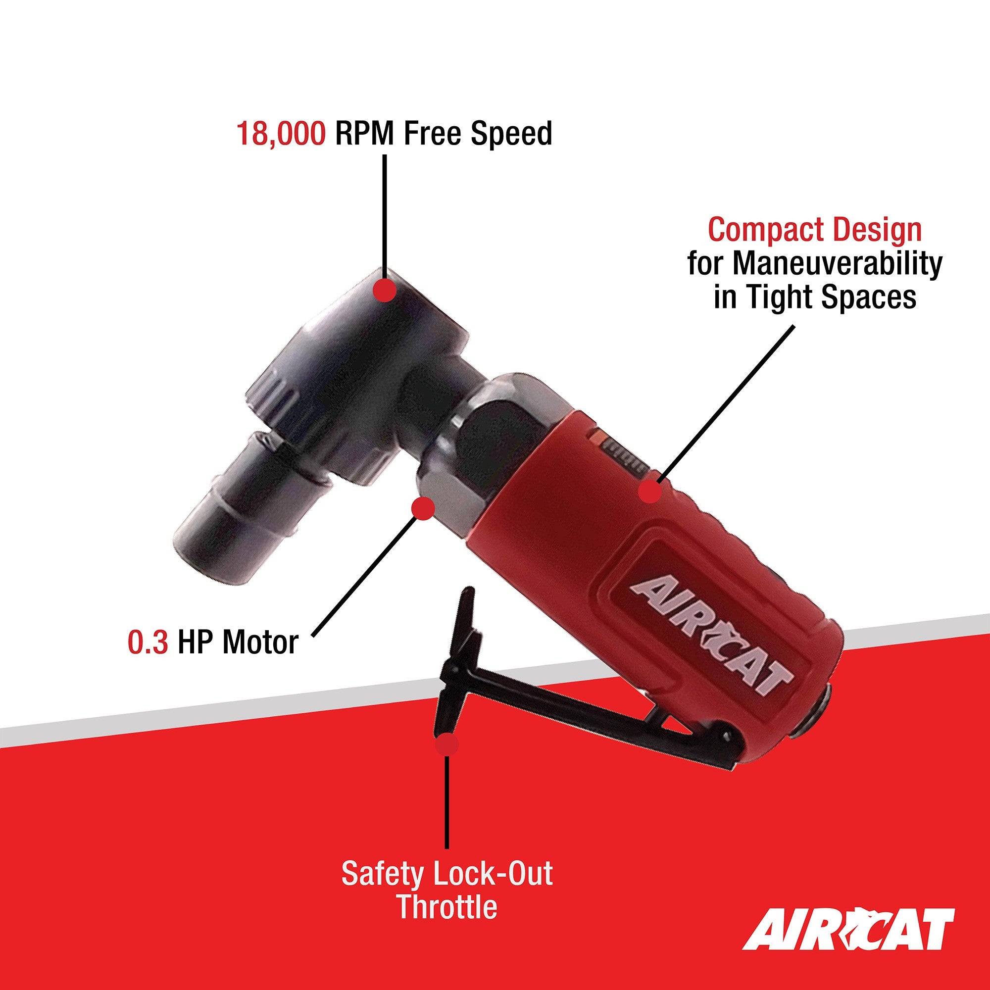 Aircat ACA-6250 Angle Die Grinder infographic highlighting RPM, HP motor, compact design, and safety lock-out throttle