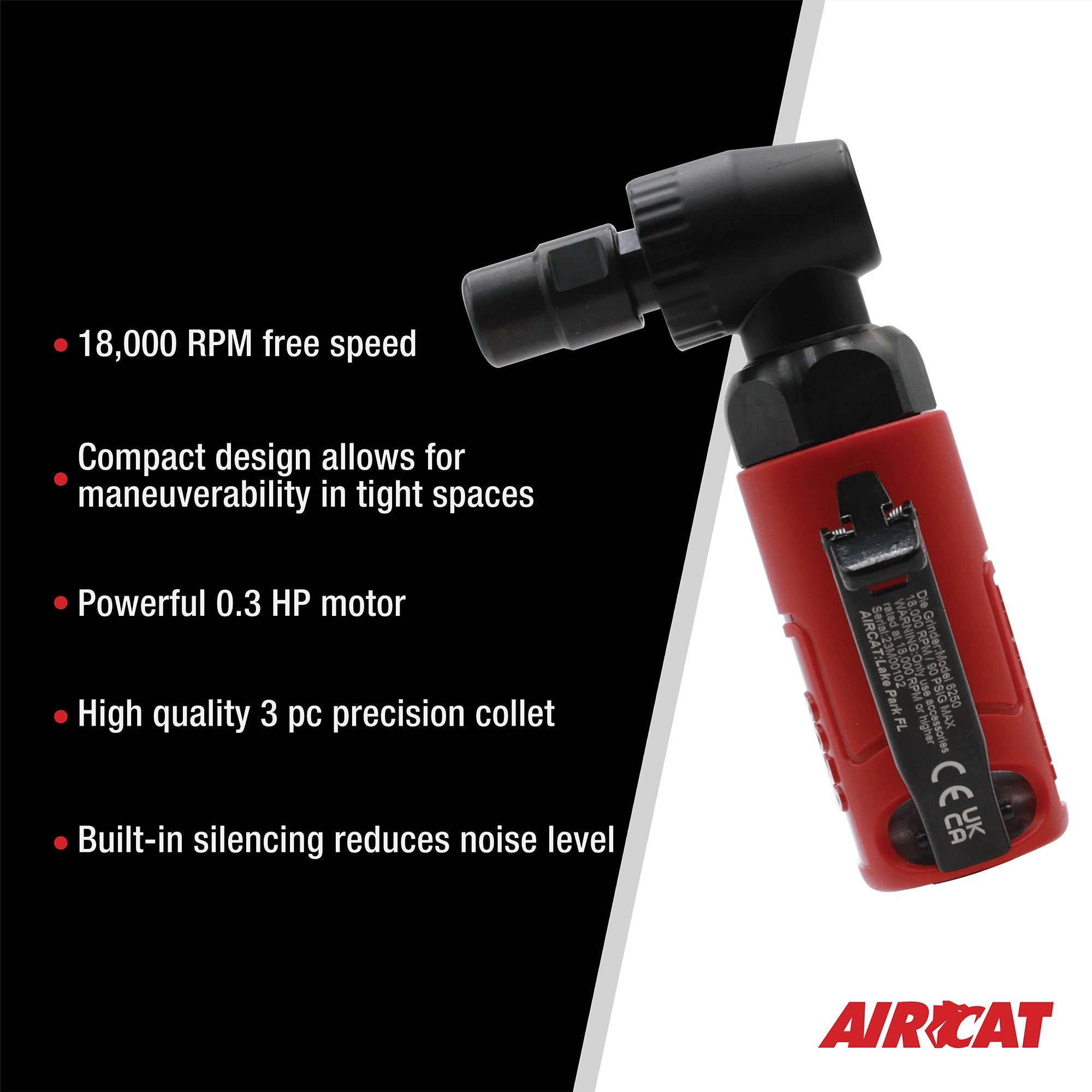 Aircat ACA-6250 Angle Die Grinder feature callout: 18,000 RPM, compact design, 0.3 HP motor, 3 pc precision collet, built-in silencing