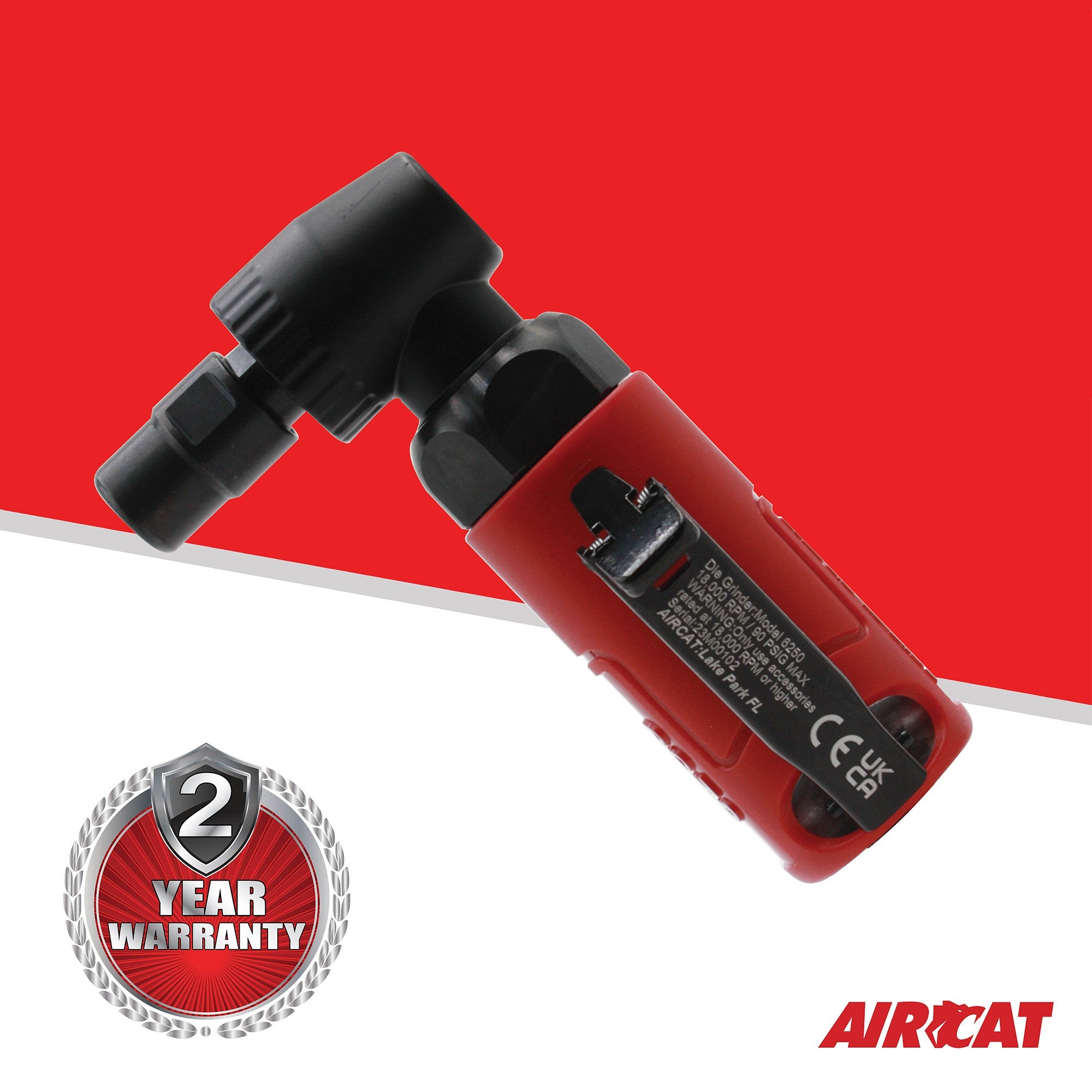 Aircat ACA-6250 Angle Die Grinder on red background with 2-Year Warranty badge