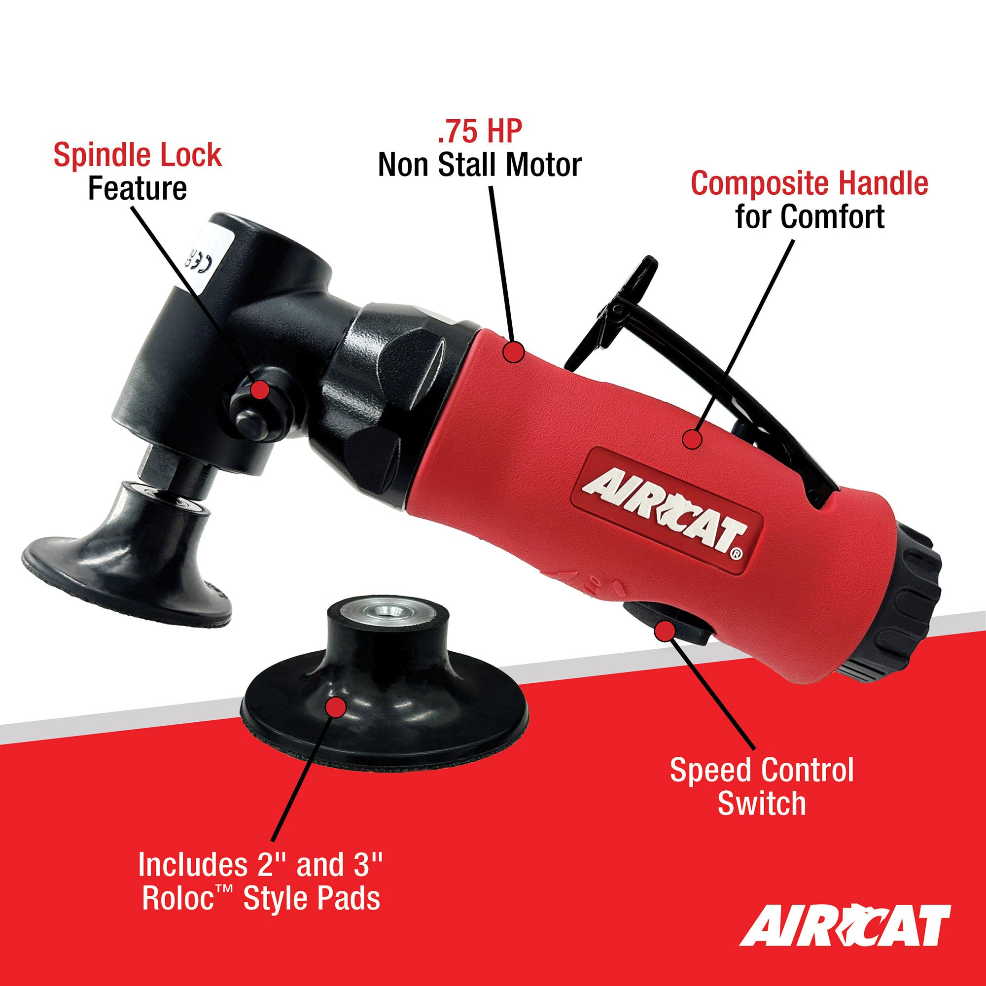 Aircat 6281 Angle Disc Sander feature callout showing spindle lock, non-stall motor, composite handle, speed control, and included pads