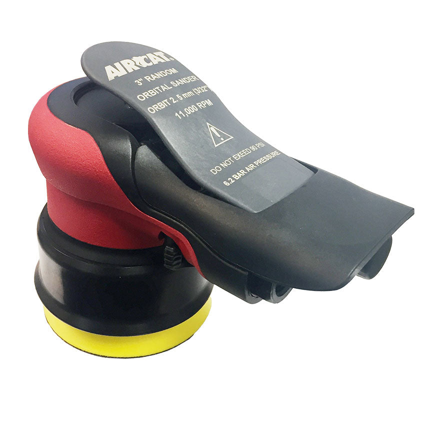 Aircat 6700-3-336 3" Non-Vac Orbital Palm Sander/Polisher, showing red and black body with yellow hook-and-loop pad, 11,000 RPM, 2.5mm orbit