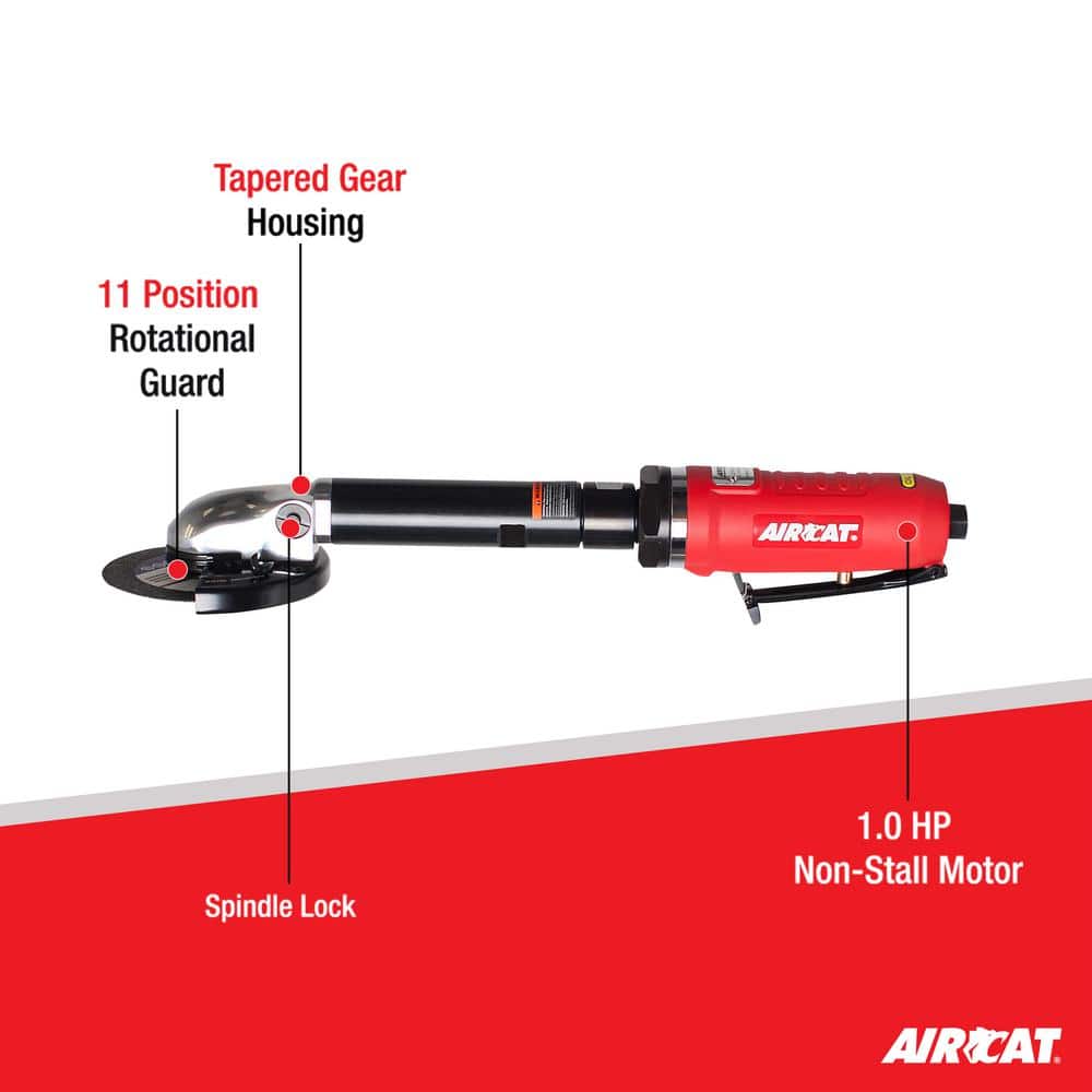 Aircat 6275-A feature diagram highlighting Tapered Gear Housing, 11-Position Rotational Guard, Spindle Lock, and 1.0 HP Non-Stall Motor